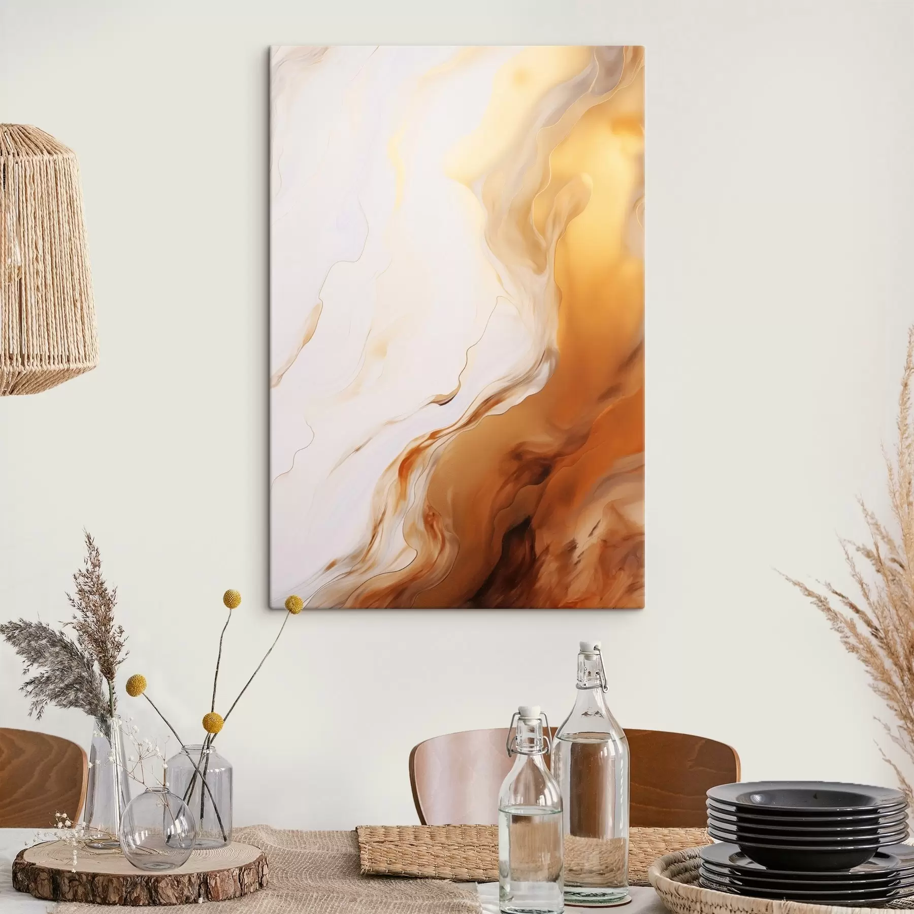 Tableau Imitation de peinture abstraite avec des couleurs blanches et orange, art fluide avec des lignes ondulées, art moderne s45939