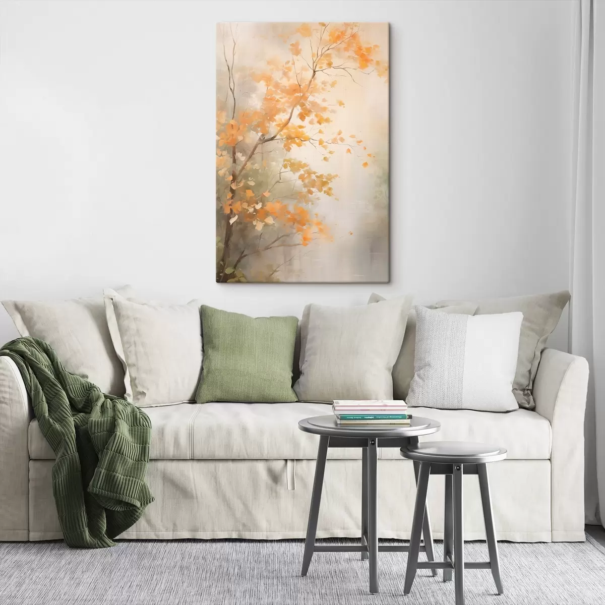 Tableau Branches d'arbres automnales aux feuilles orange dans une forêt baignée d'une lumière douce s45940