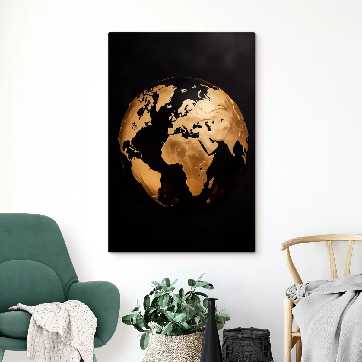 Tableau Globe terrestre abstrait texturé jaune, planète sur fond noir, art minimaliste moderne s45942