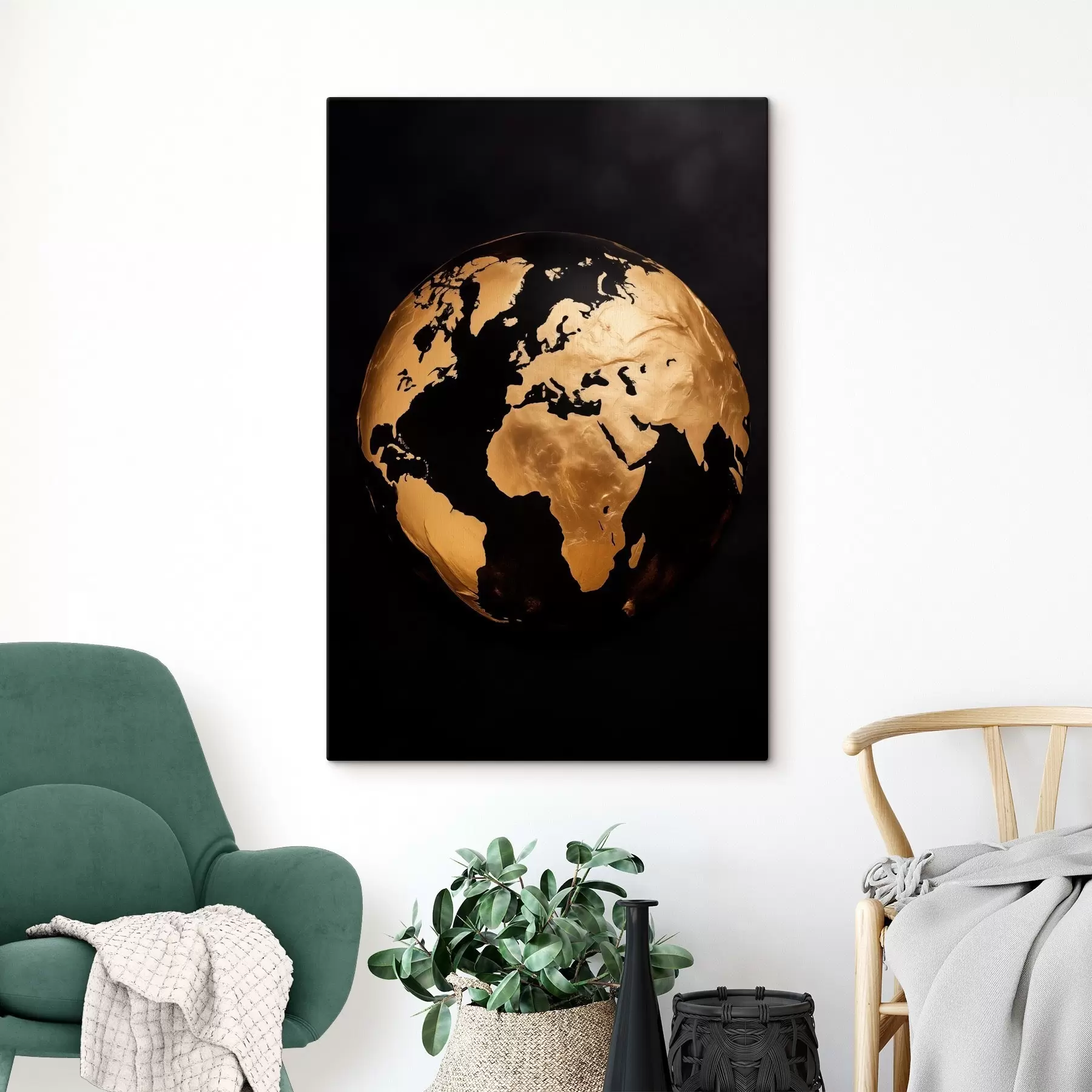 Tableau Globe terrestre abstrait texturé jaune, planète sur fond noir, art minimaliste moderne s45942