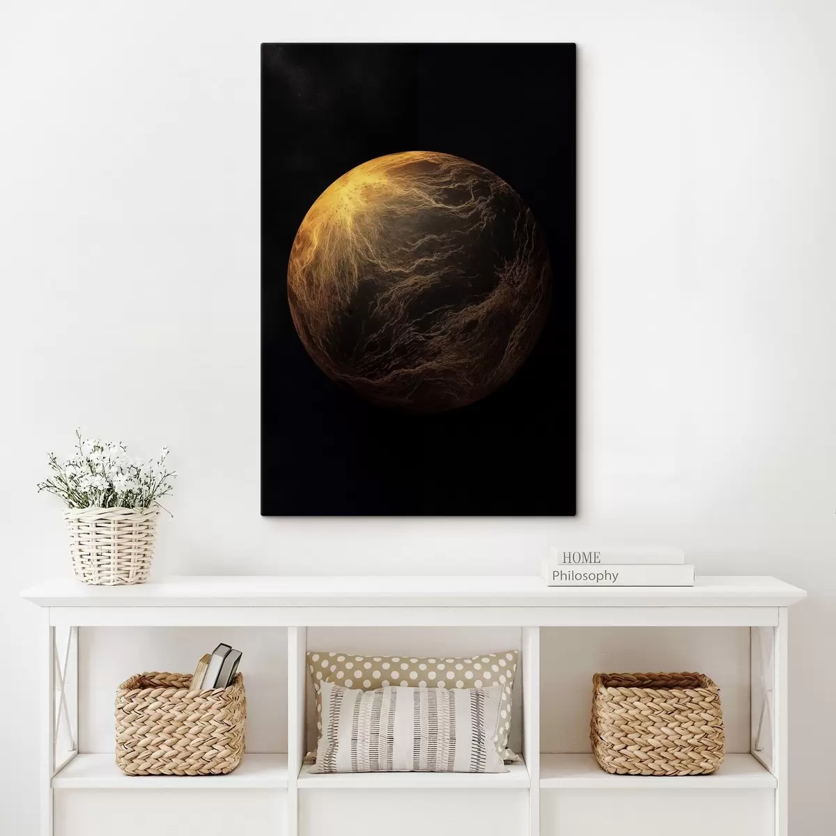 Tableau Planète abstraite avec des veines orange sur fond noir, art minimaliste moderne s45943