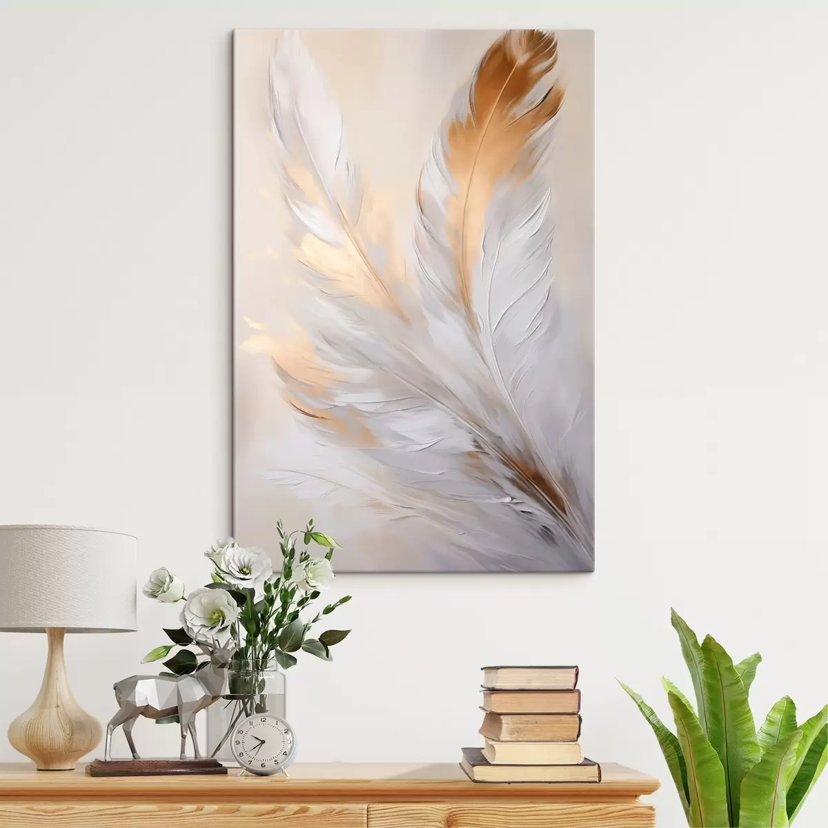 Tableau Plumes rehaussées de touches orange, éclairage tamisé, composition minimaliste texturée, art moderne s45944