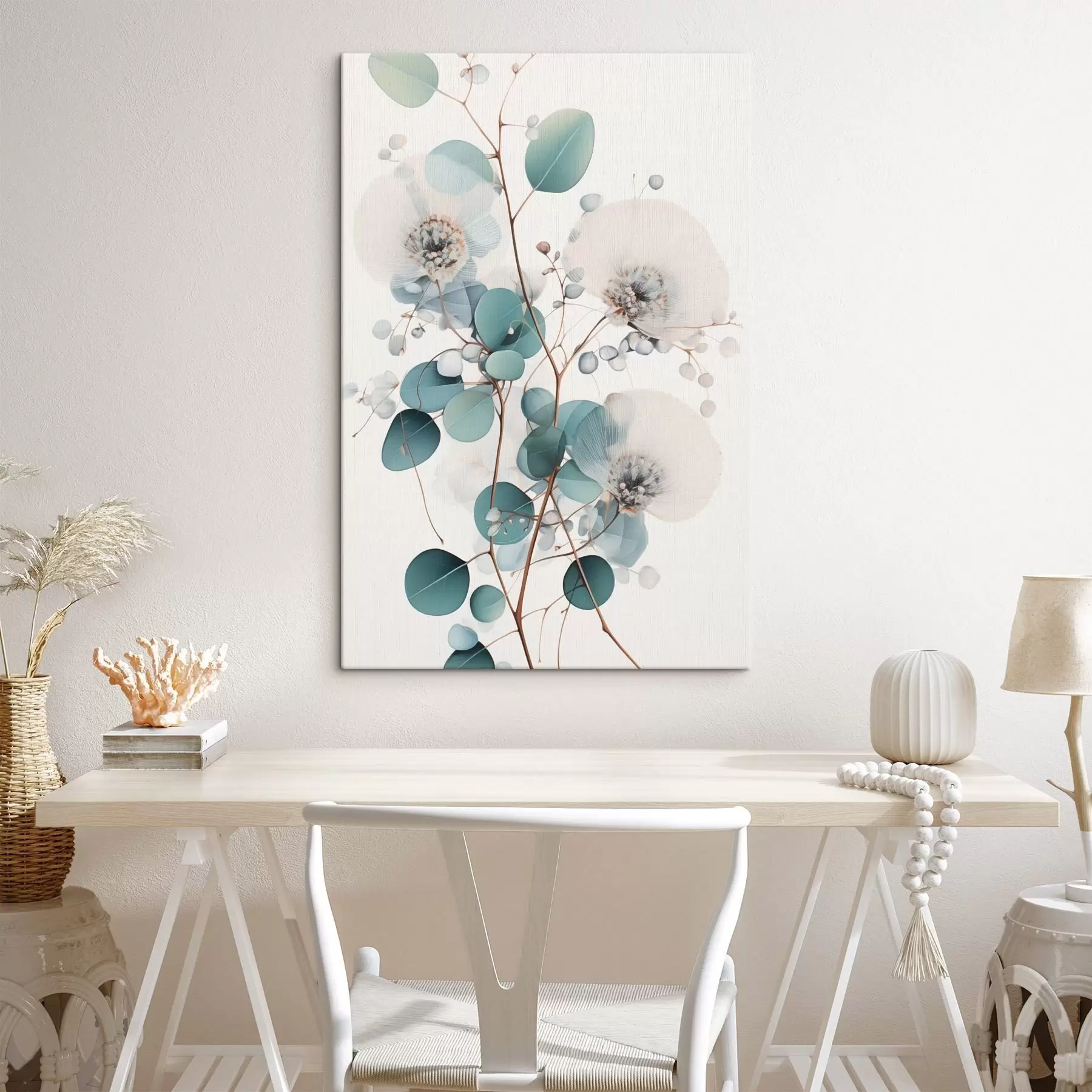 Tableau Fleurs abstraites d'eucalyptus aux pétales blancs, feuilles vert pâle sur les branches s45946