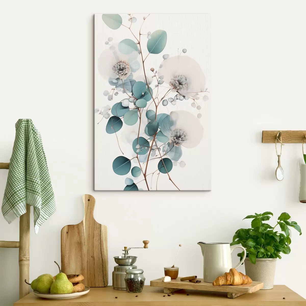 Tableau Fleurs abstraites d'eucalyptus aux pétales blancs, feuilles vert pâle sur les branches s45946