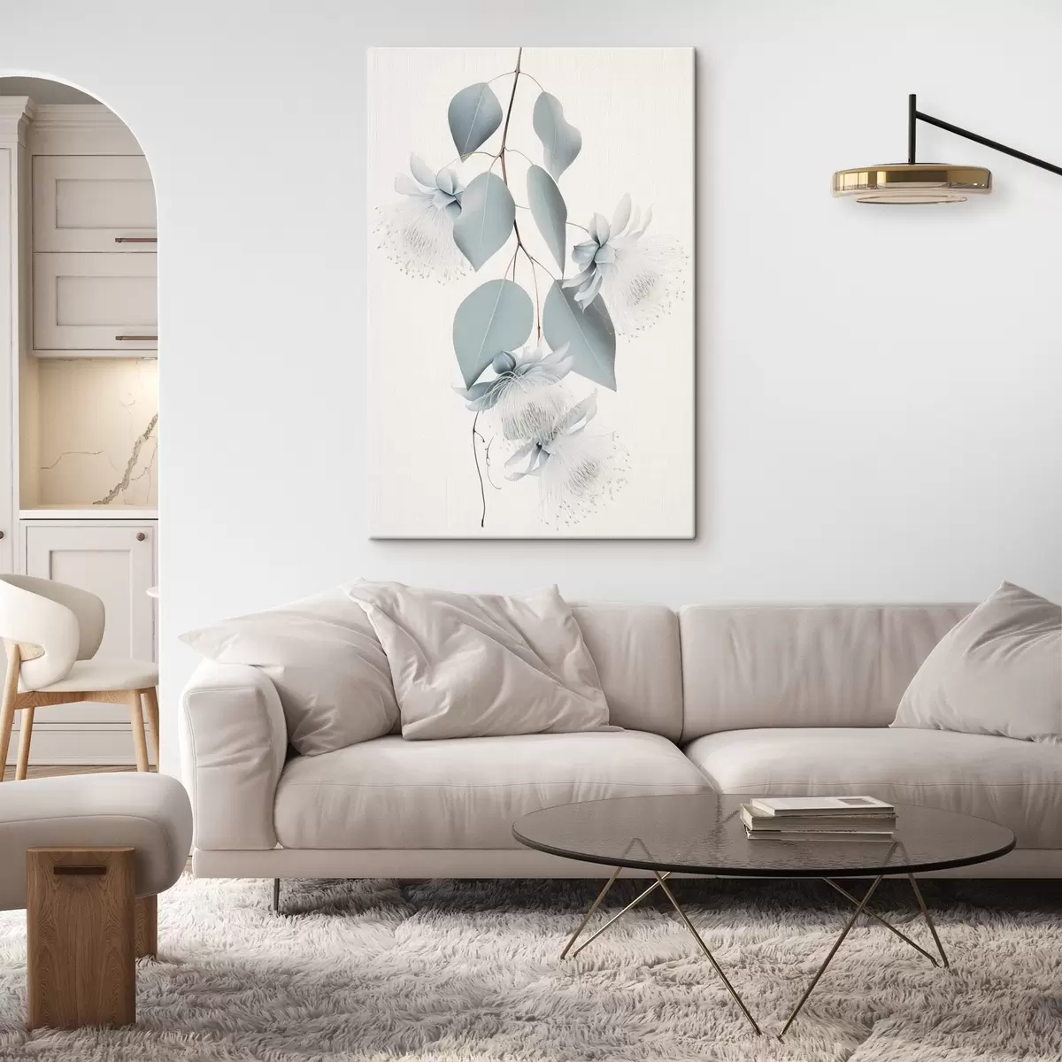 Tableau Branche d'eucalyptus avec des feuilles bleues et des fleurs blanches, fond clair s45947
