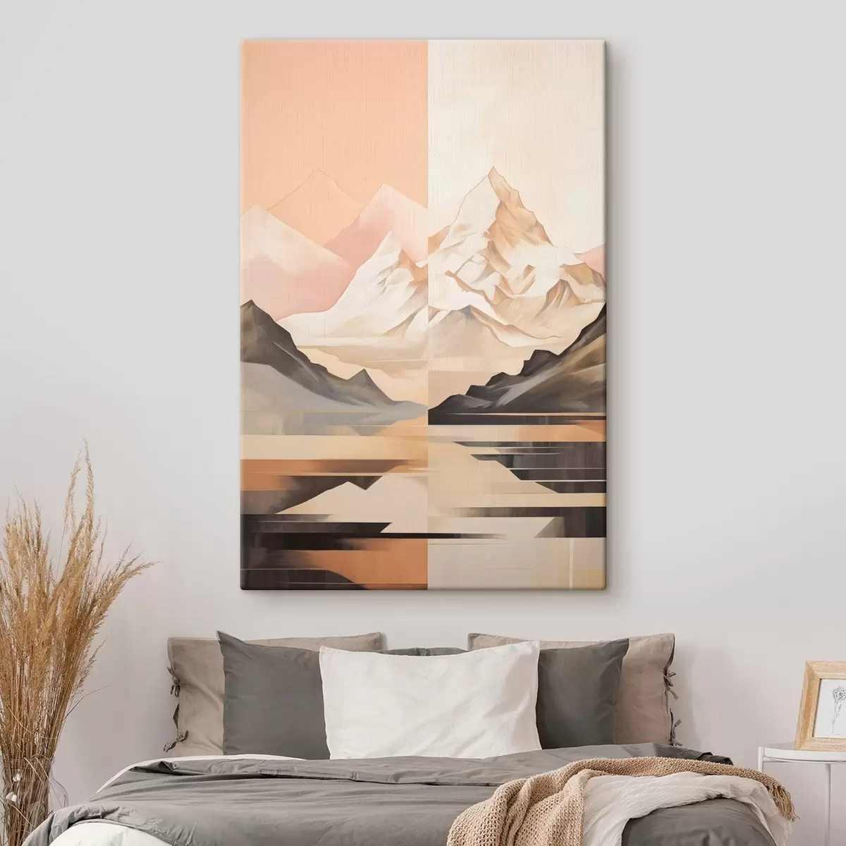 Tableau Paysage abstrait avec des montagnes et un lac, couleurs pastel, style minimaliste s45948