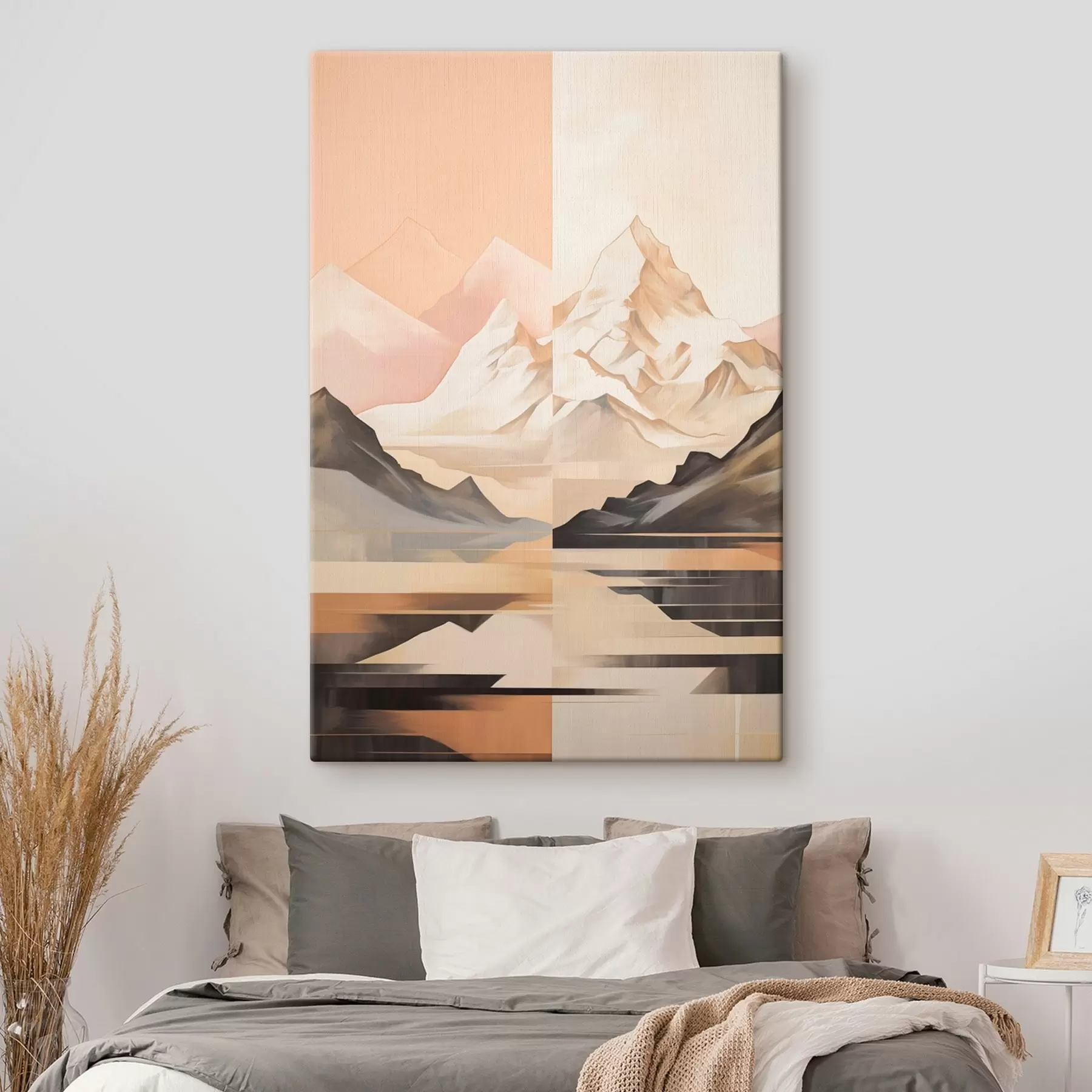 Tableau Paysage abstrait avec des montagnes et un lac, couleurs pastel, style minimaliste s45948