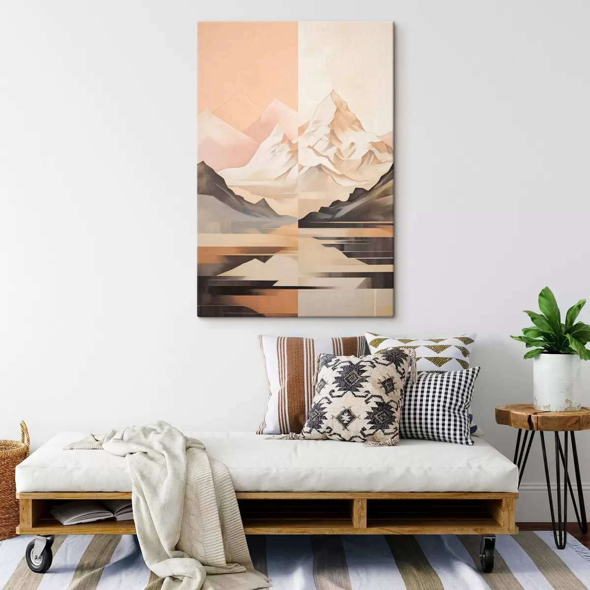 Tableau Paysage abstrait avec des montagnes et un lac, couleurs pastel, style minimaliste s45948