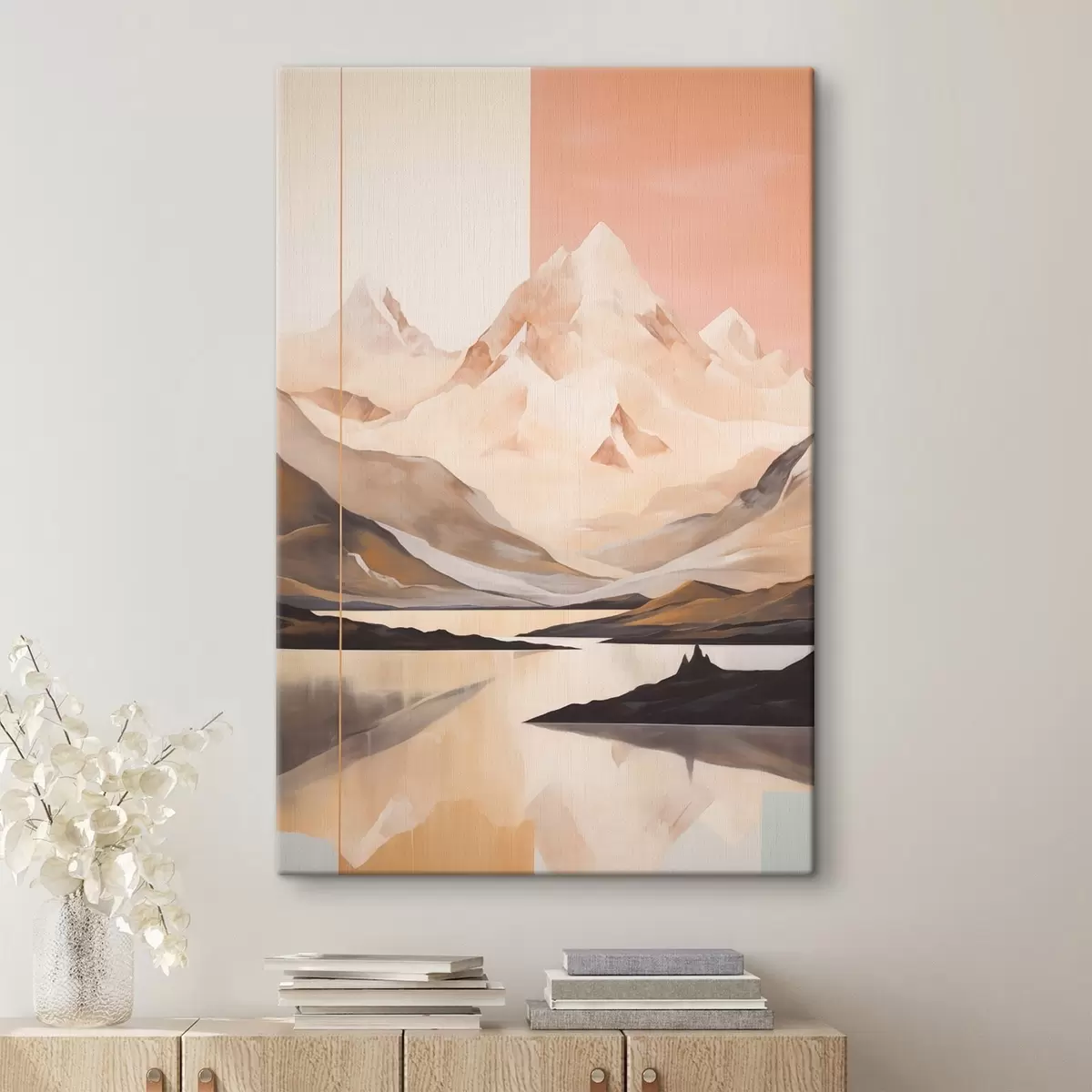 Tableau Paysage abstrait avec des montagnes et un lac, couleurs pastel, style minimaliste s45949