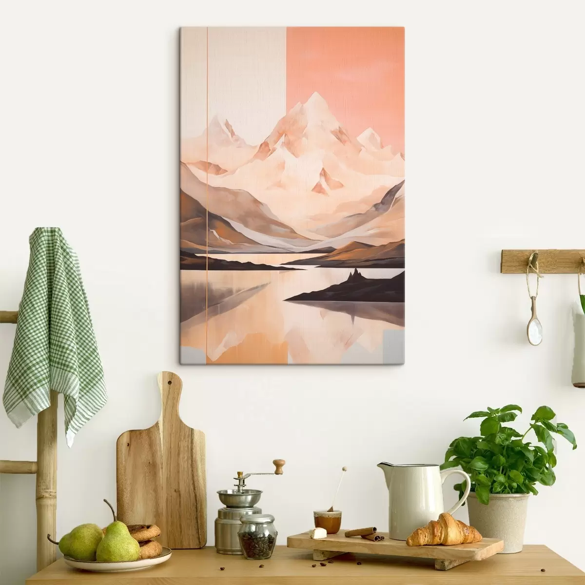 Tableau Paysage abstrait avec des montagnes et un lac, couleurs pastel, style minimaliste s45949