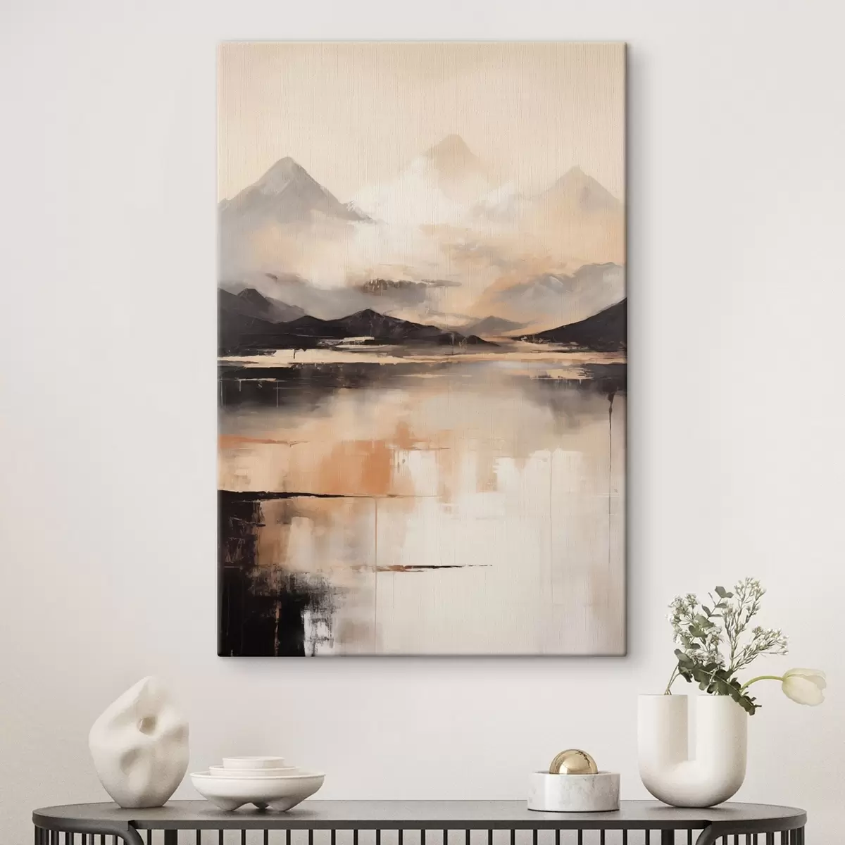 Tableau Une peinture imitant un paysage texturé représentant des montagnes et un lac s45950