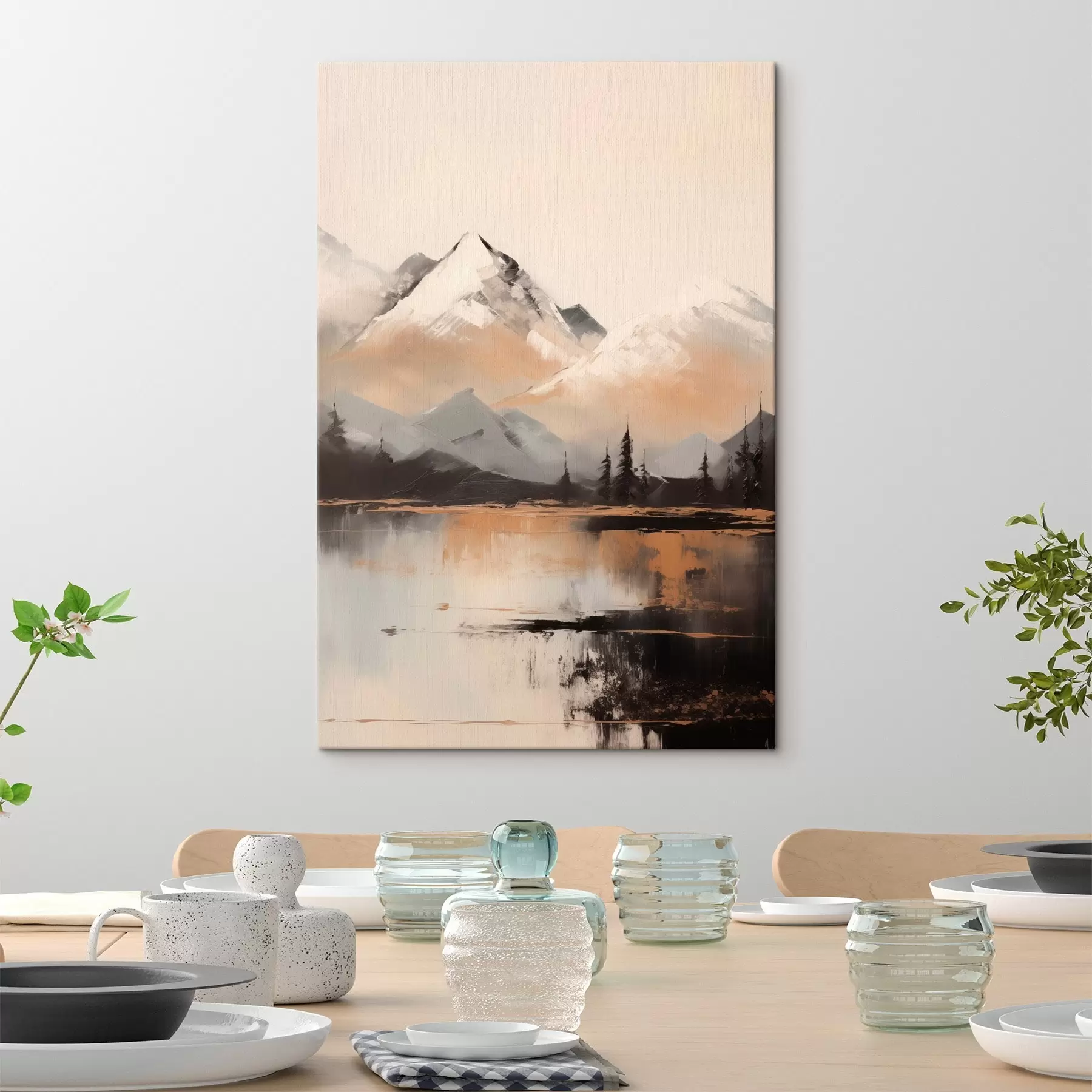 Tableau Montagnes enneigées avec quelques arbres devant un lac s45951