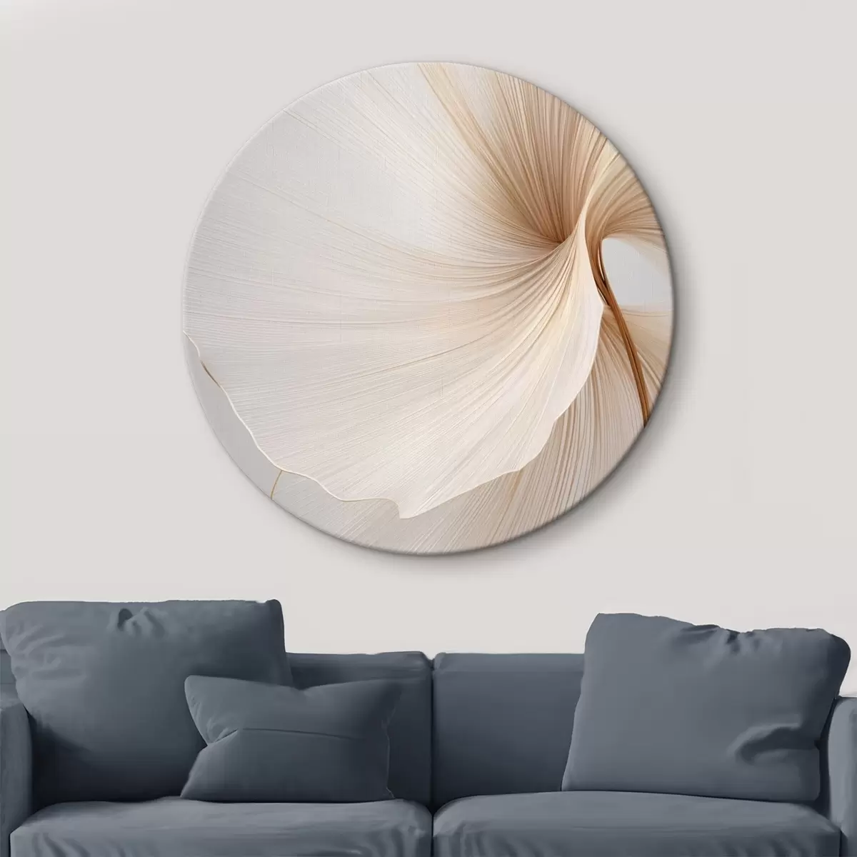 Tableaux rondes Fleurs abstraites aux pétales fins et délicats dans des tons de blanc et de beige r45922