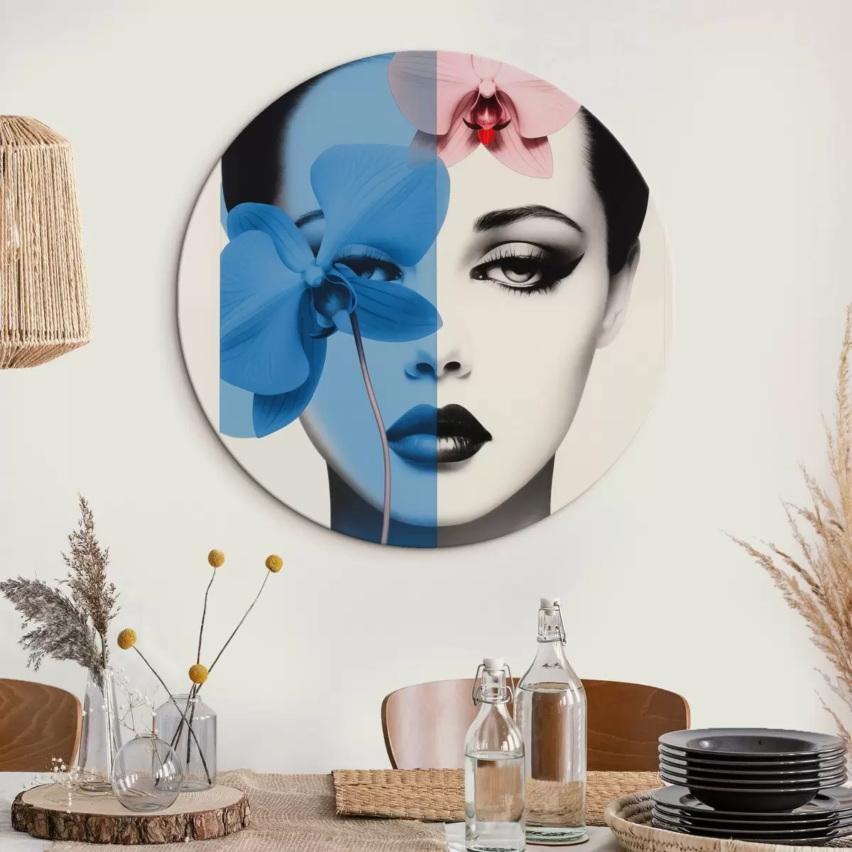 Tableaux rondes Portrait abstrait d'une femme avec des orchidées r45924