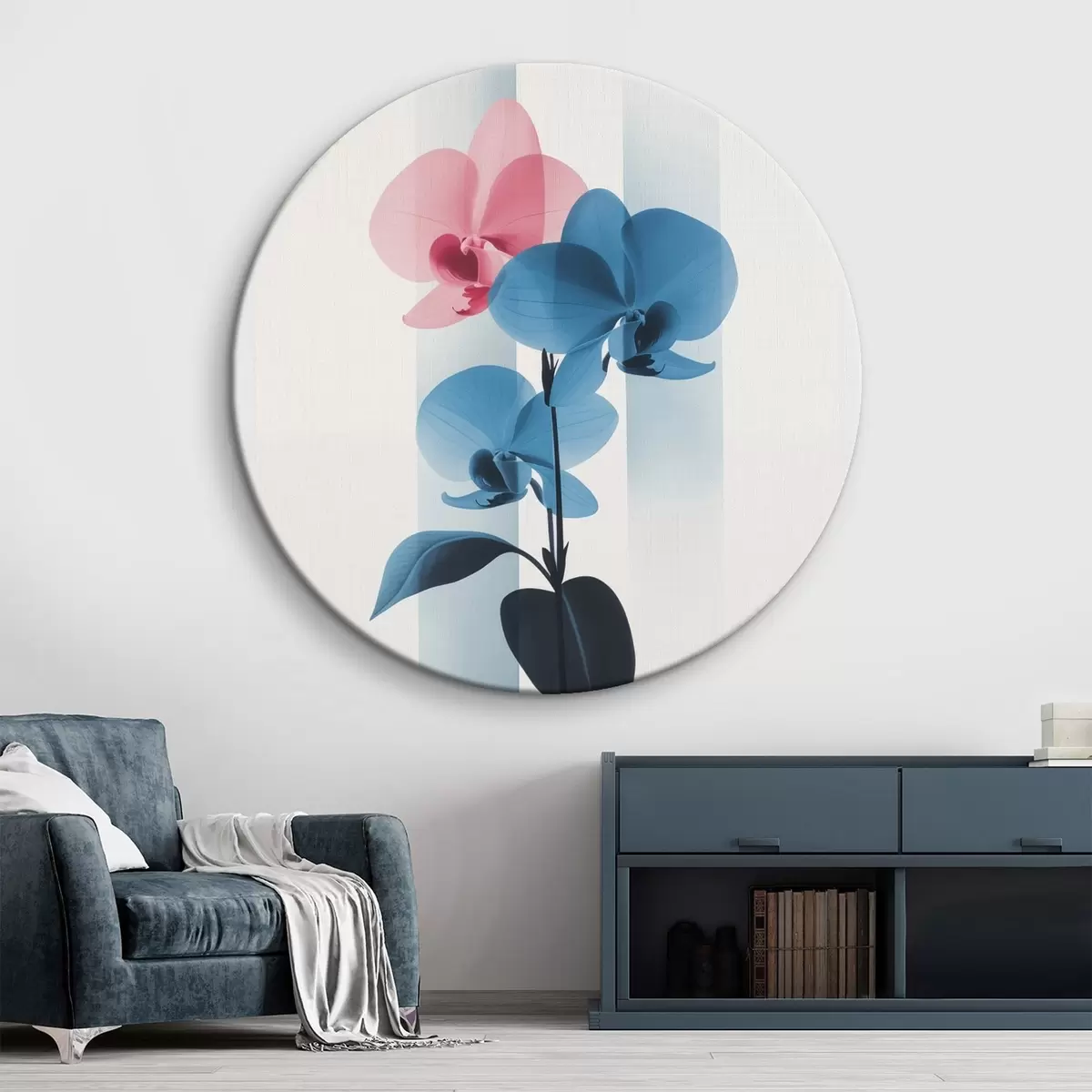 Tableaux rondes Orchidées avec feuilles sur fond blanc rayé verticalement r45925