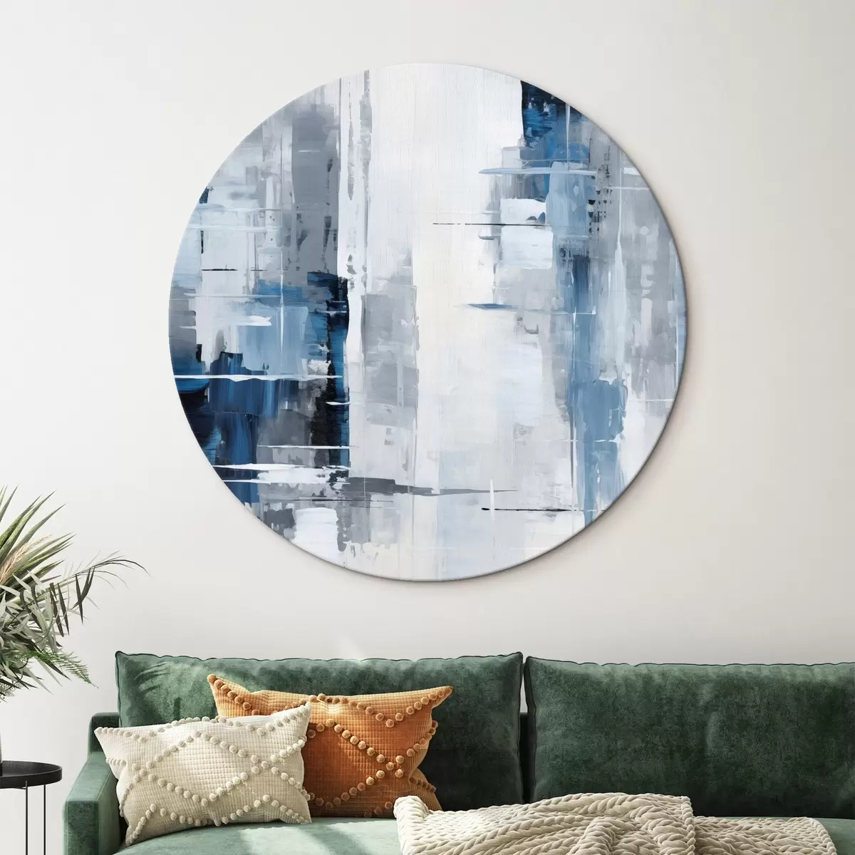 Tableaux rondes Imitation de peinture abstraite avec des couleurs bleues, grises et blanches, des lignes verticales et des formes géométriques r45926