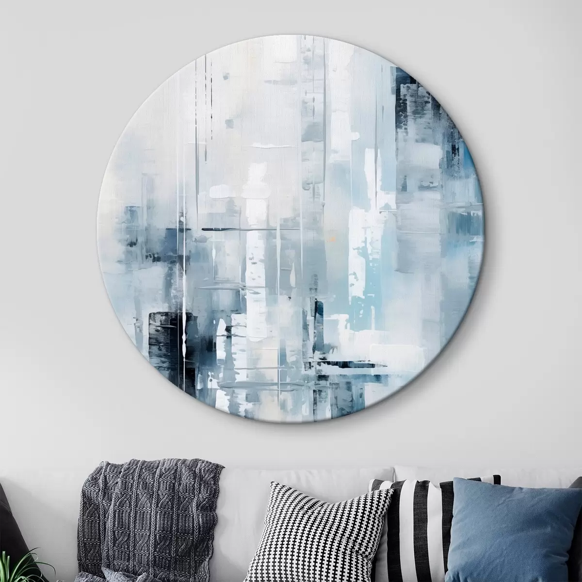 Tableaux rondes Imitation de peinture abstraite avec des couleurs bleues, grises et blanches, des lignes verticales et des formes géométriques r45927