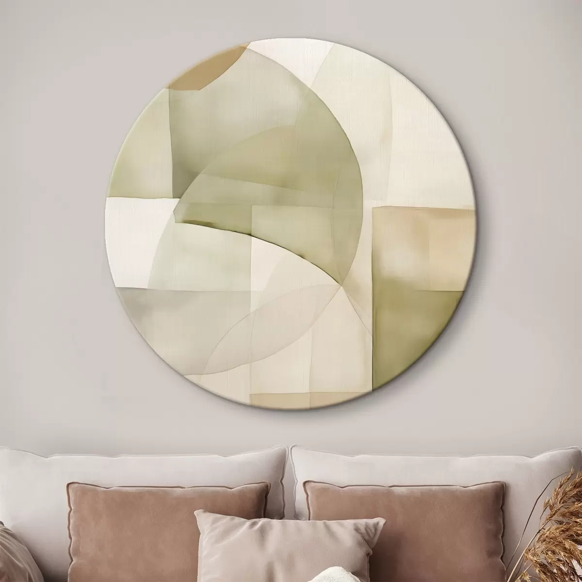 Tableaux rondes Formes géométriques abstraites texturées à l'aquarelle dans des tons de vert, marron et beige r45929