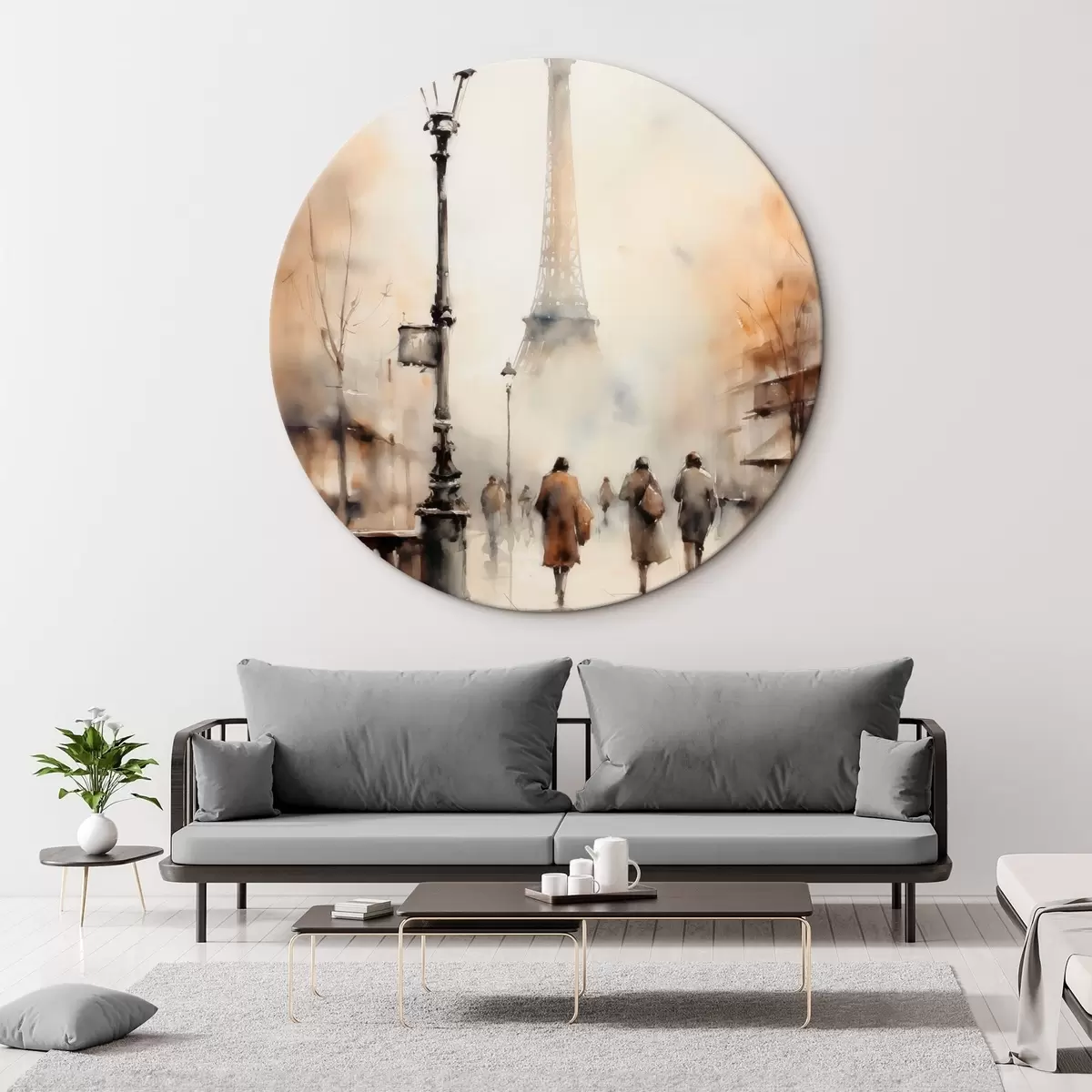 Tableaux rondes Une journée pluvieuse d'automne à Paris avec la Tour Eiffel en arrière-plan et des lampadaires vintage r45931