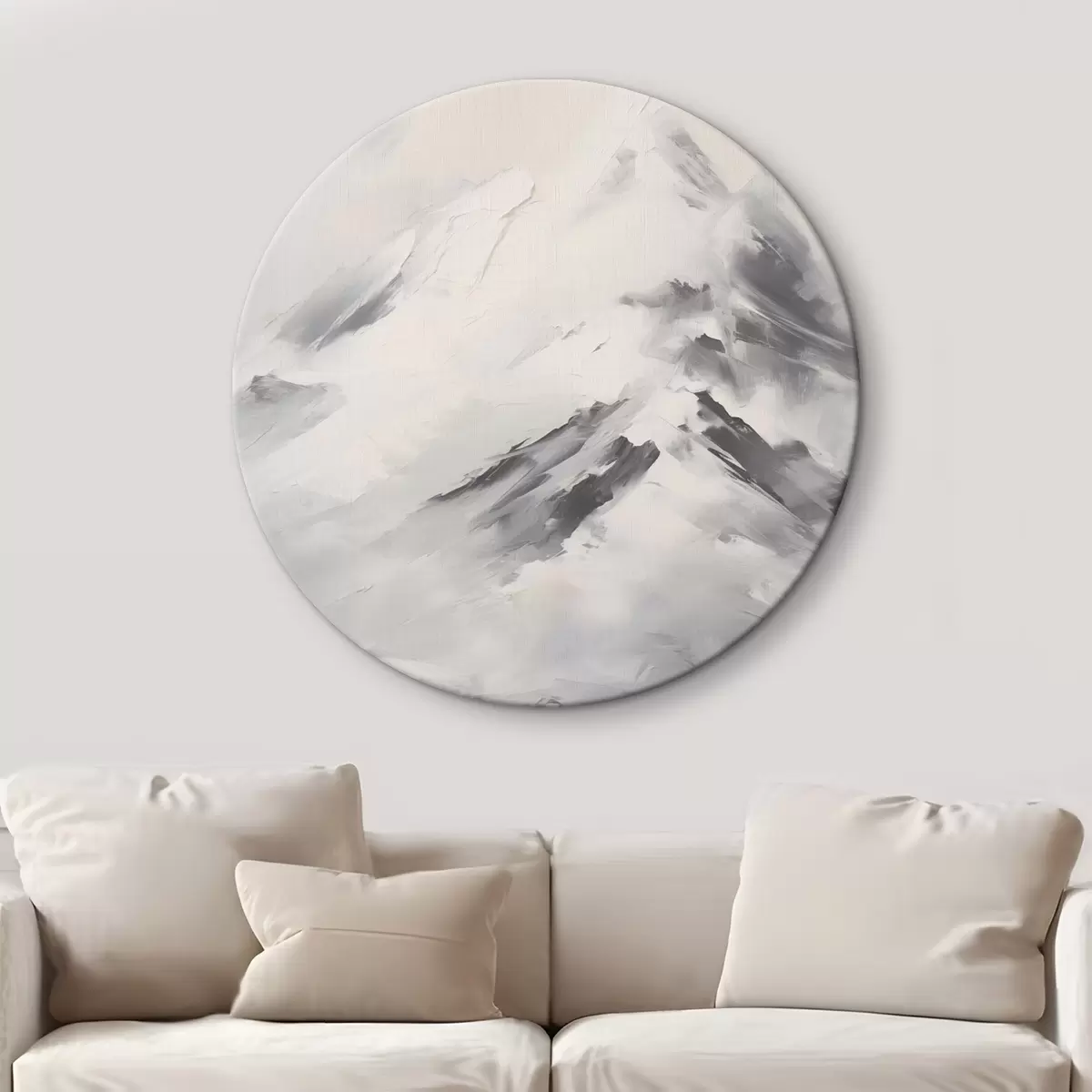 Tableaux rondes Sommets enneigés avec des ombres grises, ciel gris, coups de pinceau, texturé, minimaliste r45932