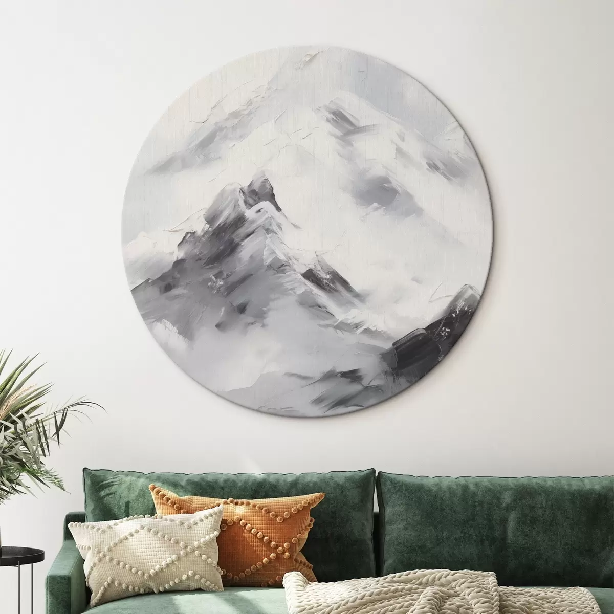 Tableaux rondes Sommets enneigés avec des ombres grises, ciel gris, coups de pinceau, texturé, minimaliste r45933