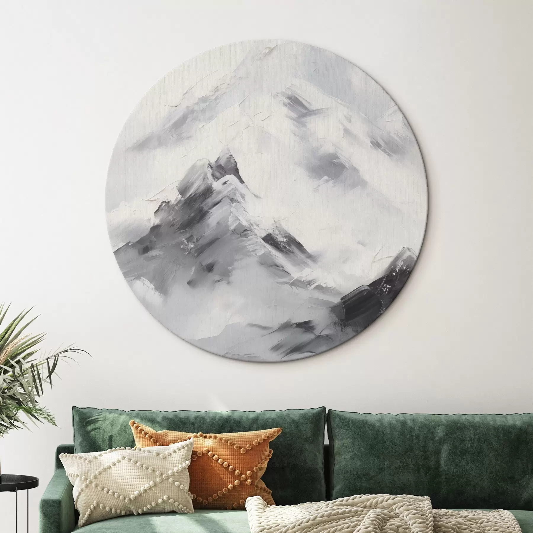 Tableau Sommets enneigés avec des ombres grises, ciel gris, coups de pinceau, texturé, minimaliste r45933