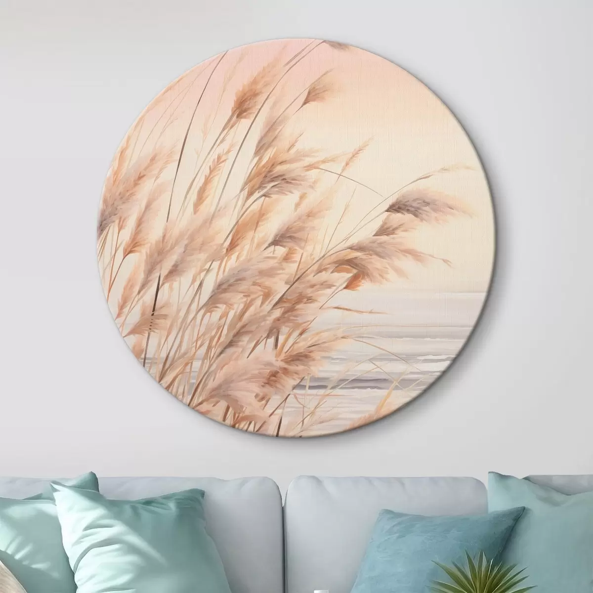 Tableaux rondes Herbe de la pampa avec une palette de couleurs orange pastel, un ciel rose pâle, un paysage paisible r45934
