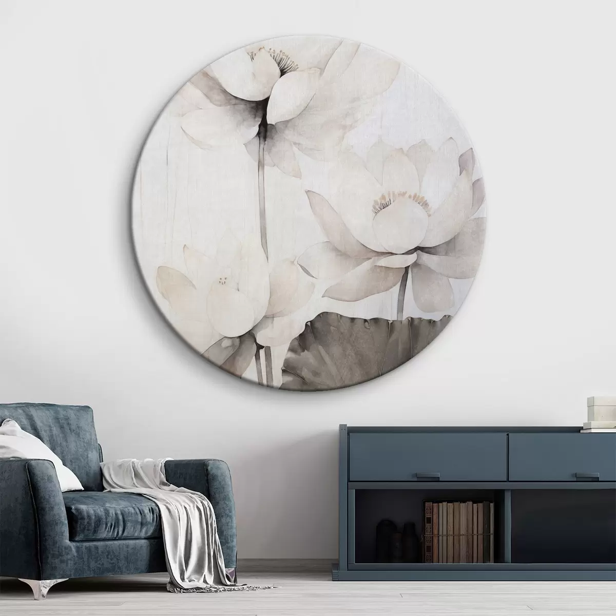 Tableaux rondes Fleurs de lotus blanches texturées avec des feuilles foncées, fond clair, design minimaliste r45936