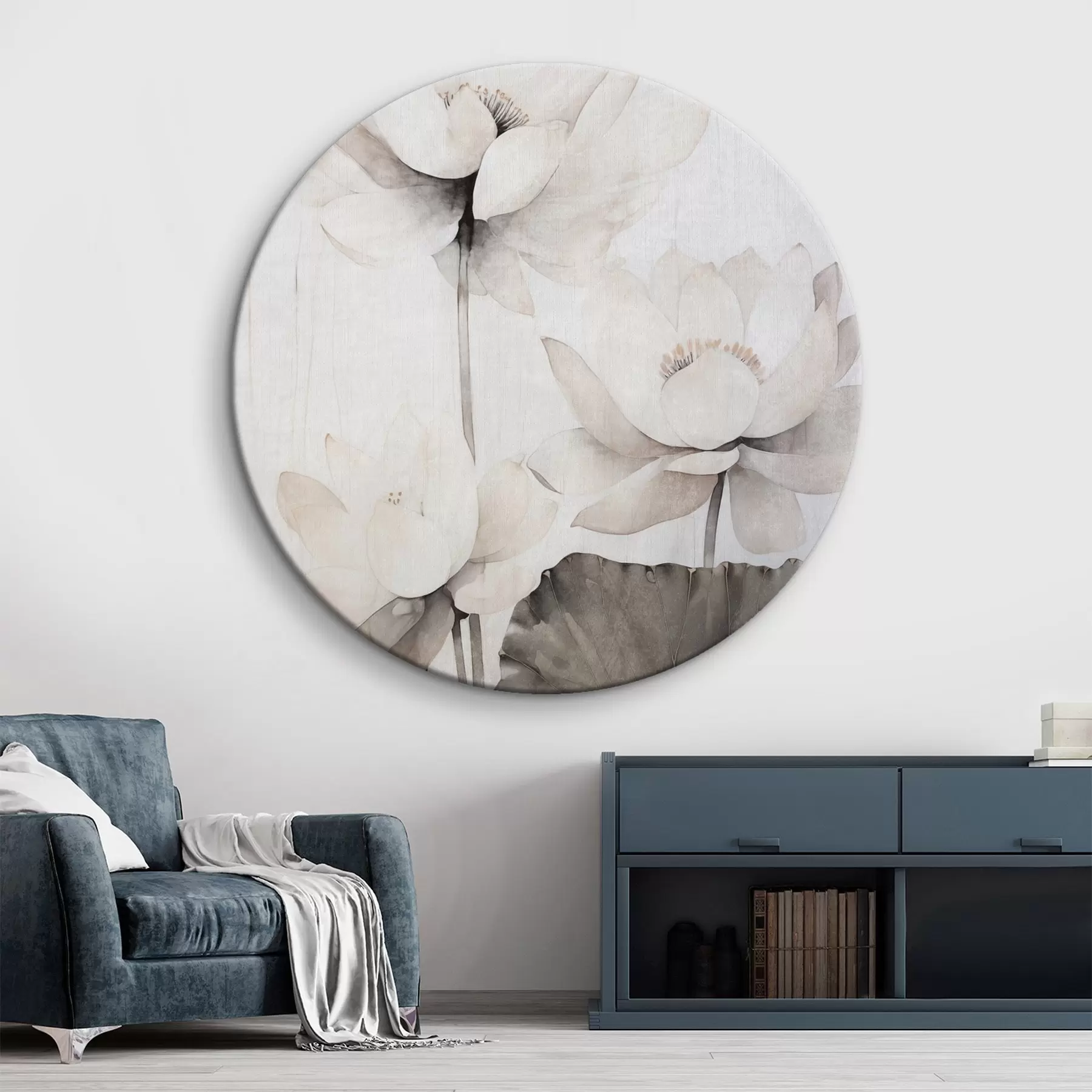 Tableau Fleurs de lotus blanches texturées avec des feuilles foncées, fond clair, design minimaliste r45936
