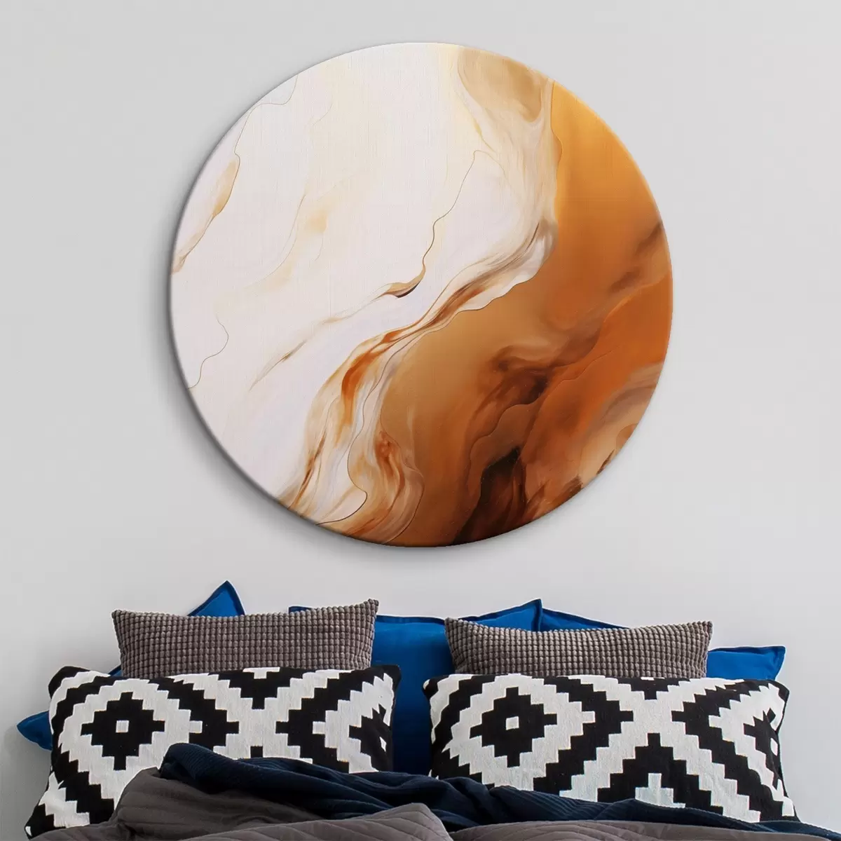 Tableaux rondes Imitation de peinture abstraite avec des couleurs blanches et orange, art fluide avec des lignes ondulées, art moderne r45939