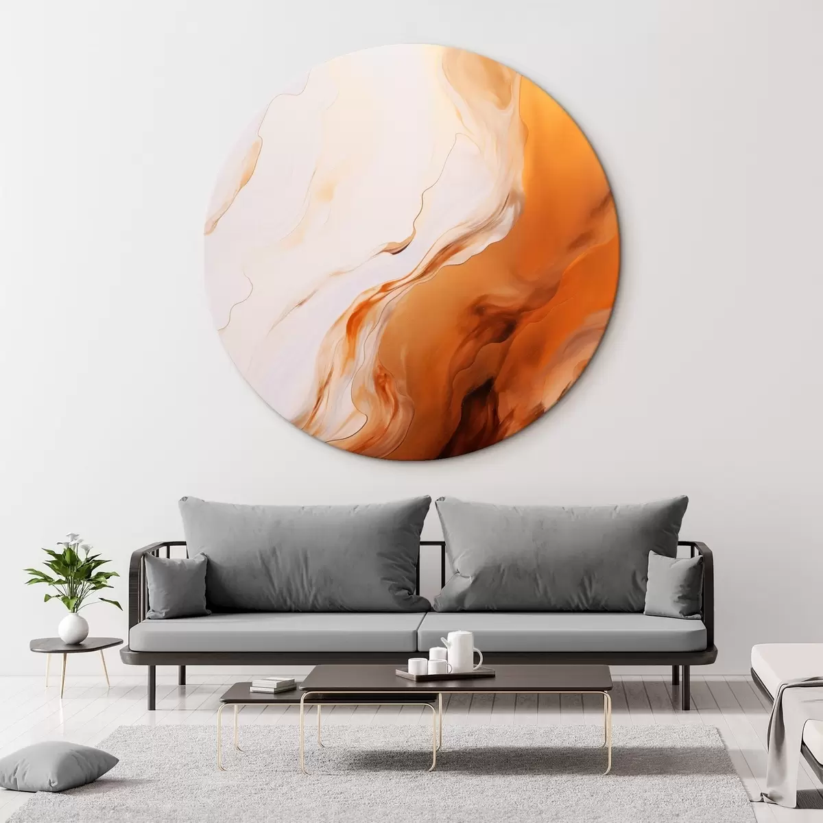 Tableaux rondes Imitation de peinture abstraite avec des couleurs blanches et orange, art fluide avec des lignes ondulées, art moderne r45939