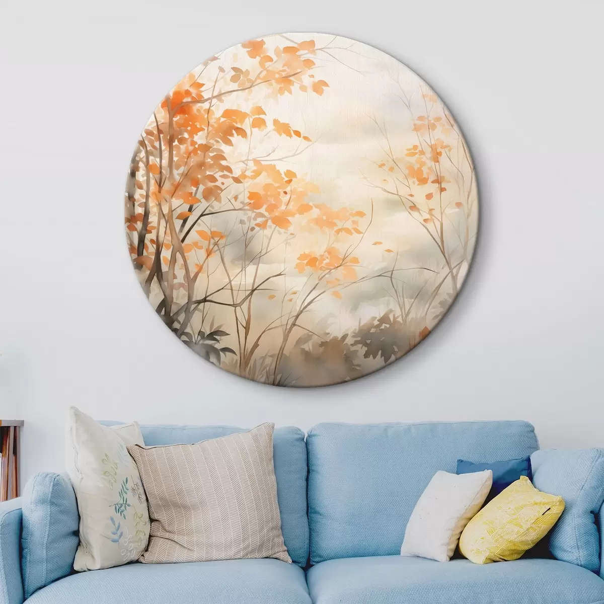Tableaux rondes Arbres d'automne aux feuilles et branches orange, style aquarelle doux, coups de pinceau délicats r45941