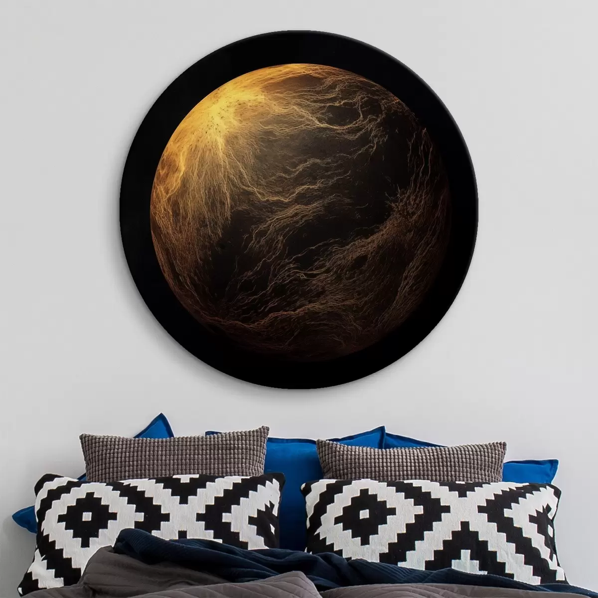 Tableaux rondes Planète abstraite avec des veines orange sur fond noir, art minimaliste moderne r45943