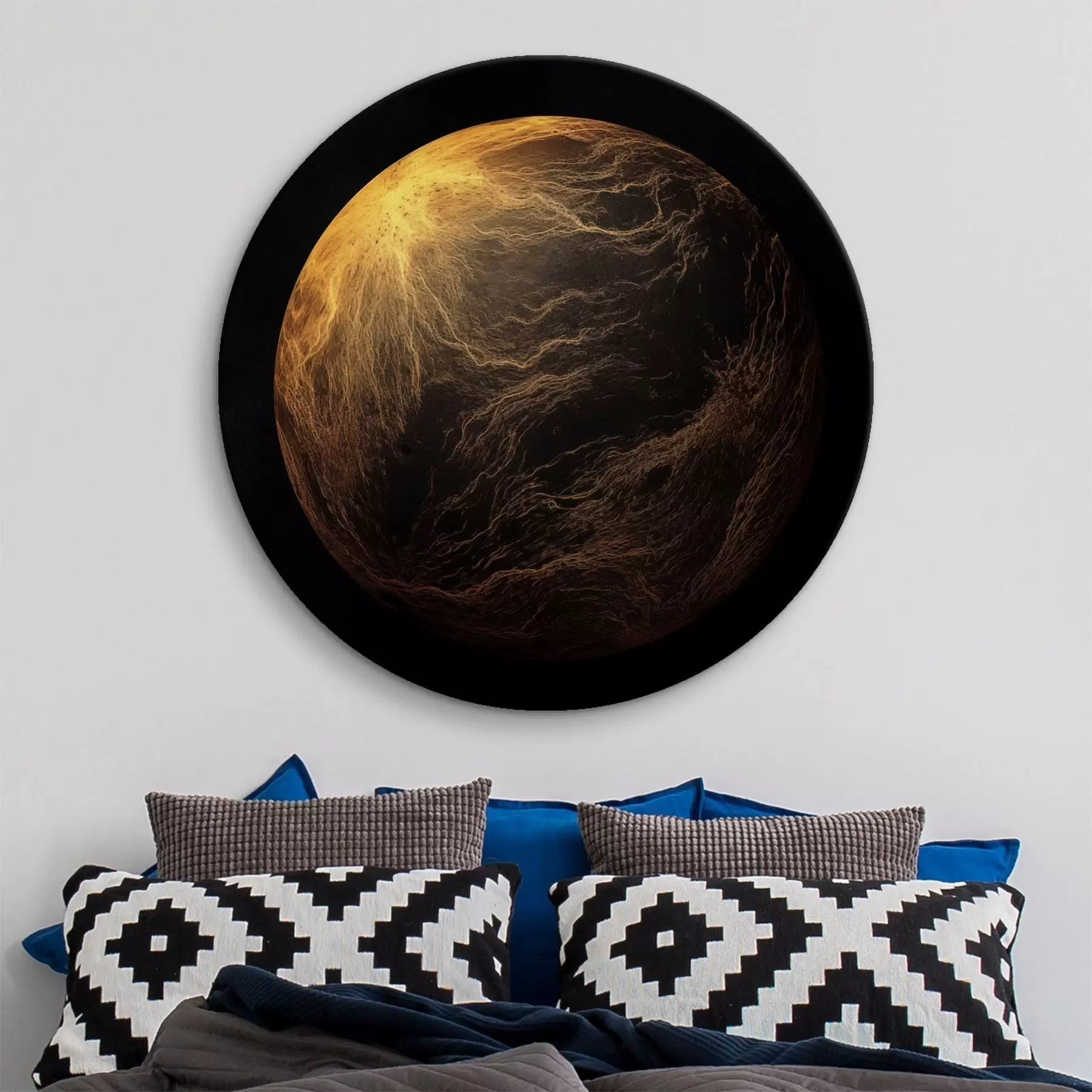 Tableau Planète abstraite avec des veines orange sur fond noir, art minimaliste moderne r45943