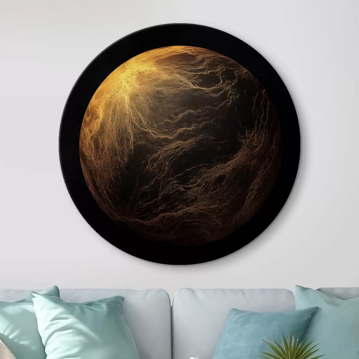 Tableaux rondes Planète abstraite avec des veines orange sur fond noir, art minimaliste moderne r45943
