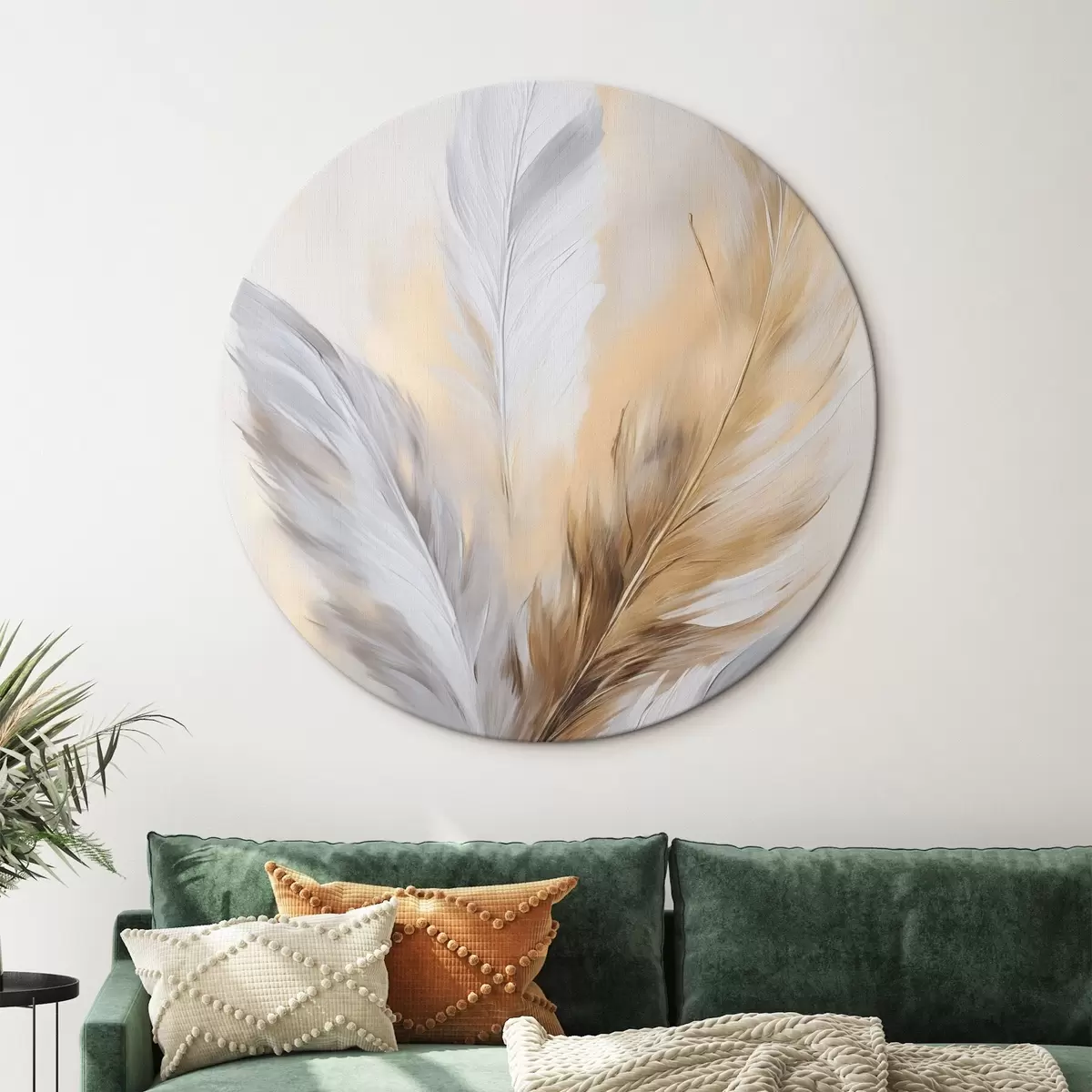 Tableaux rondes Plumes rehaussées de touches orange, composition minimaliste texturée, art moderne r45945