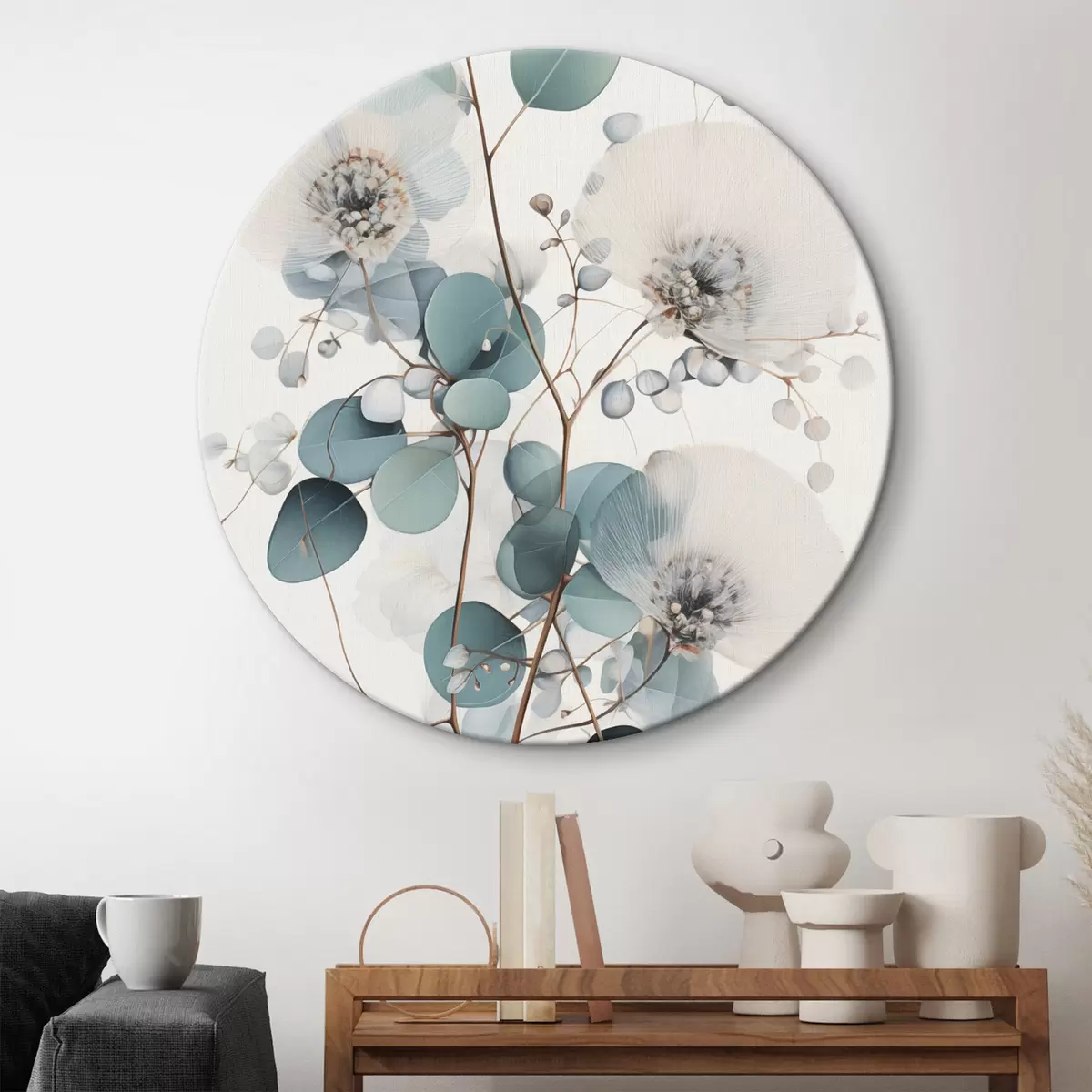 Tableaux rondes Fleurs abstraites d'eucalyptus aux pétales blancs, feuilles vert pâle sur les branches r45946