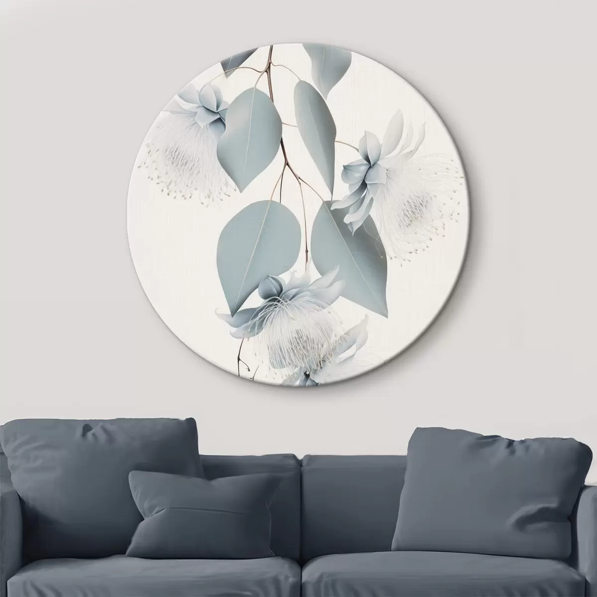 Tableaux rondes Branche d'eucalyptus avec des feuilles bleues et des fleurs blanches, fond clair r45947