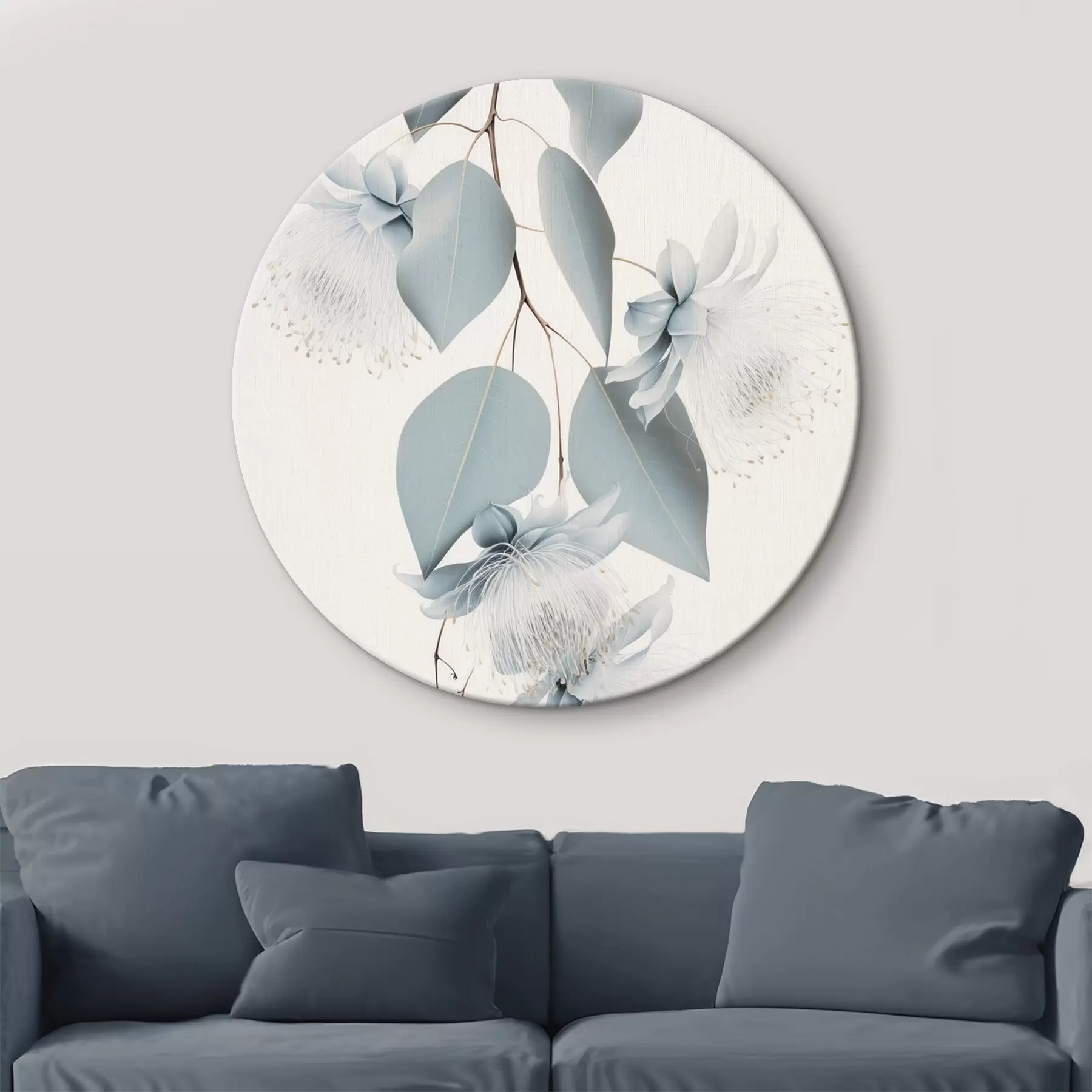 Tableau Branche d'eucalyptus avec des feuilles bleues et des fleurs blanches, fond clair r45947