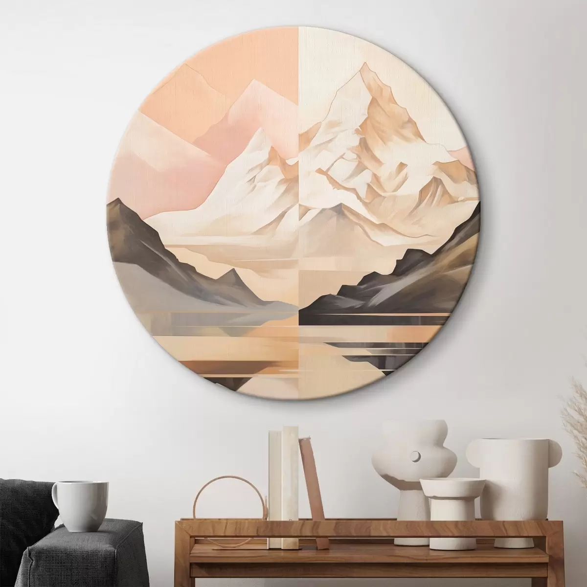 Tableaux rondes Paysage abstrait avec des montagnes et un lac, couleurs pastel, style minimaliste r45948