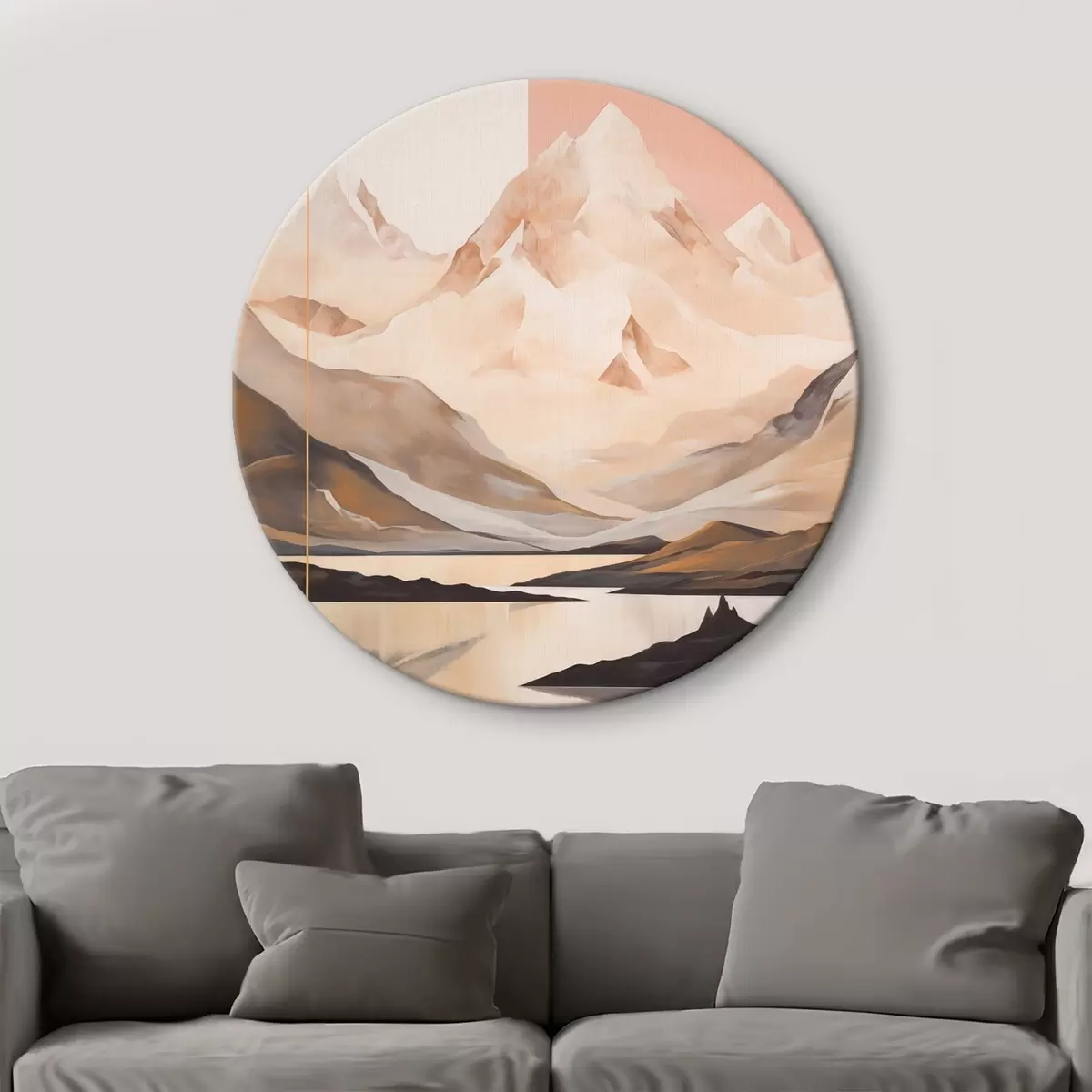 Tableaux rondes Paysage abstrait avec des montagnes et un lac, couleurs pastel, style minimaliste r45949