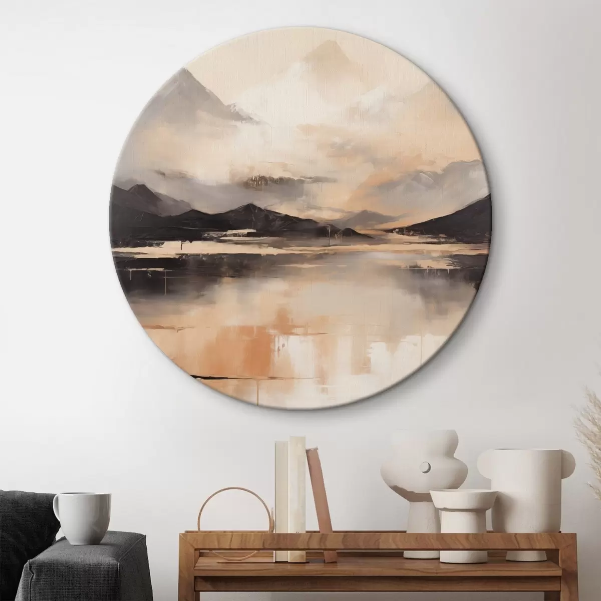 Tableaux rondes Une peinture imitant un paysage texturé représentant des montagnes et un lac r45950