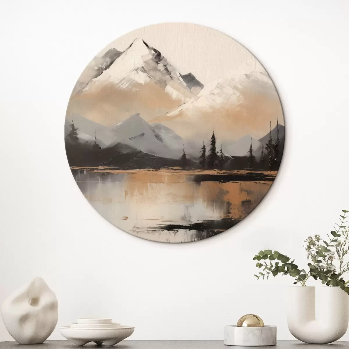 Tableaux rondes Montagnes enneigées avec quelques arbres devant un lac r45951