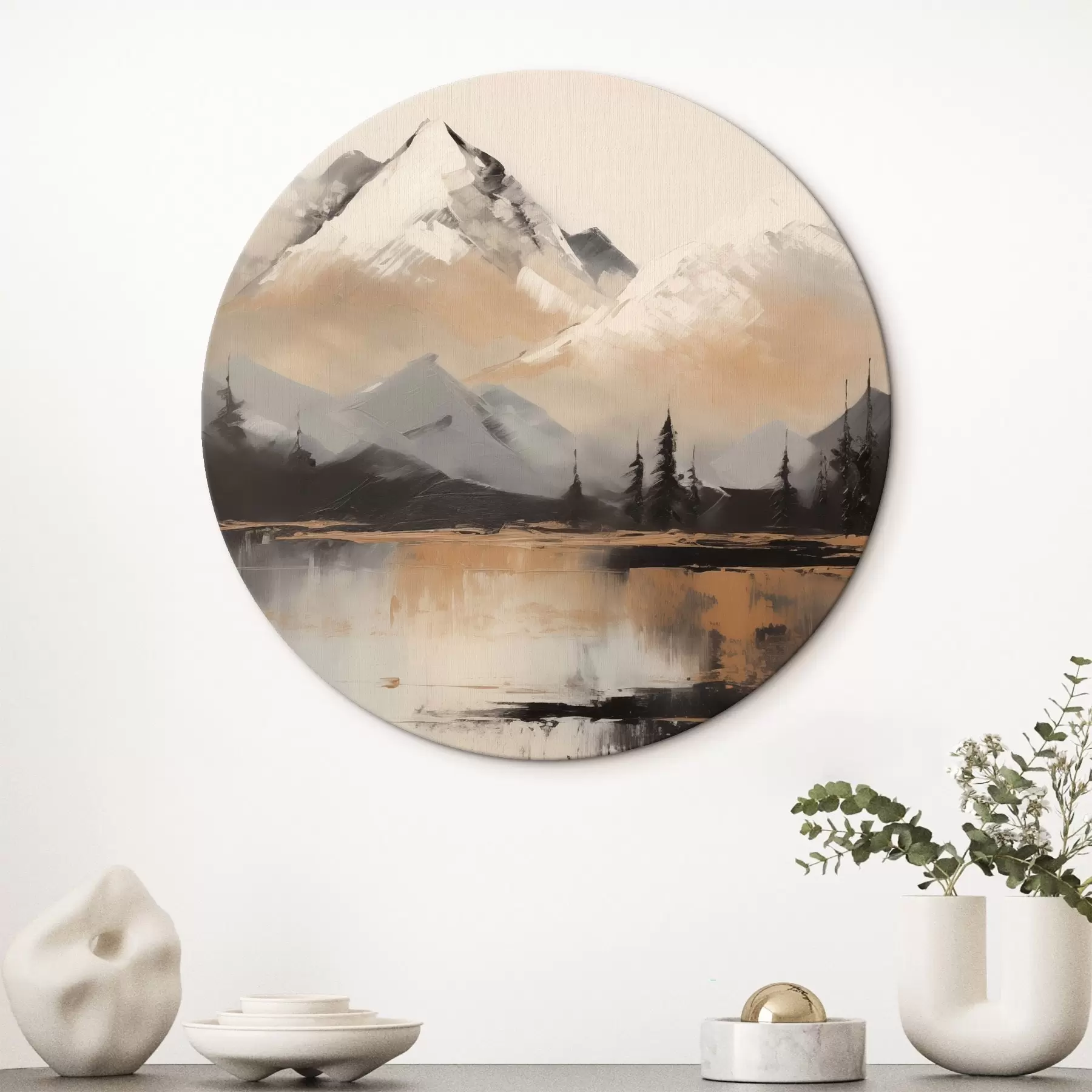 Tableau Montagnes enneigées avec quelques arbres devant un lac r45951
