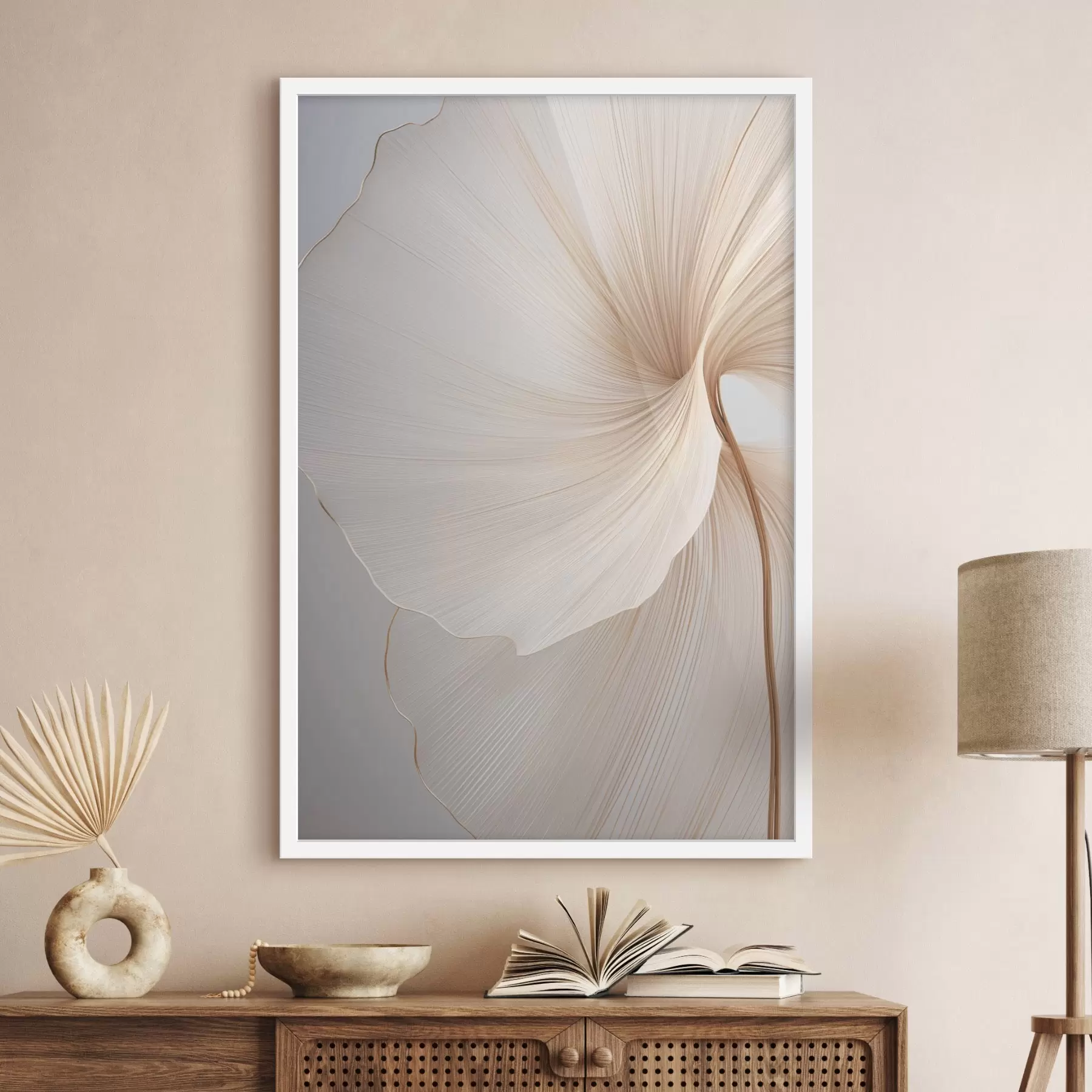 Papier peint Fleurs abstraites aux pétales fins et délicats dans des tons de blanc et de beige f45922