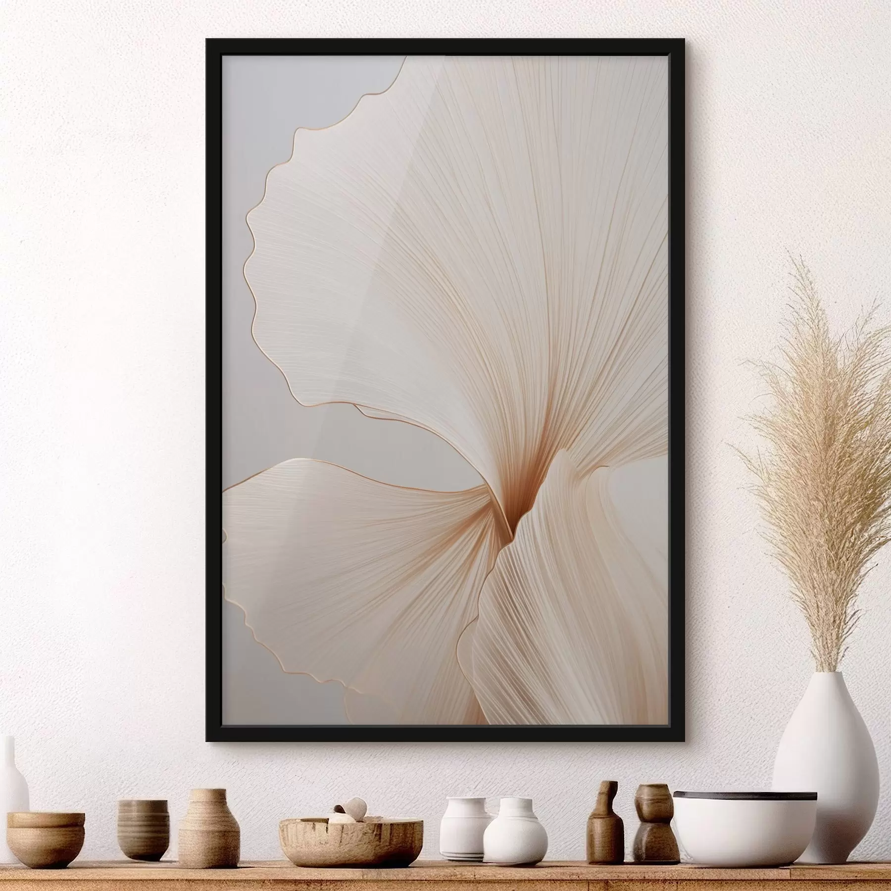 Papier peint Fleurs abstraites aux pétales fins et délicats dans des tons de blanc et de beige f45923