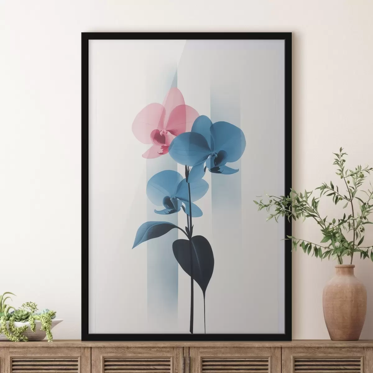 Poster Orchidées avec feuilles sur fond blanc rayé verticalement f45925
