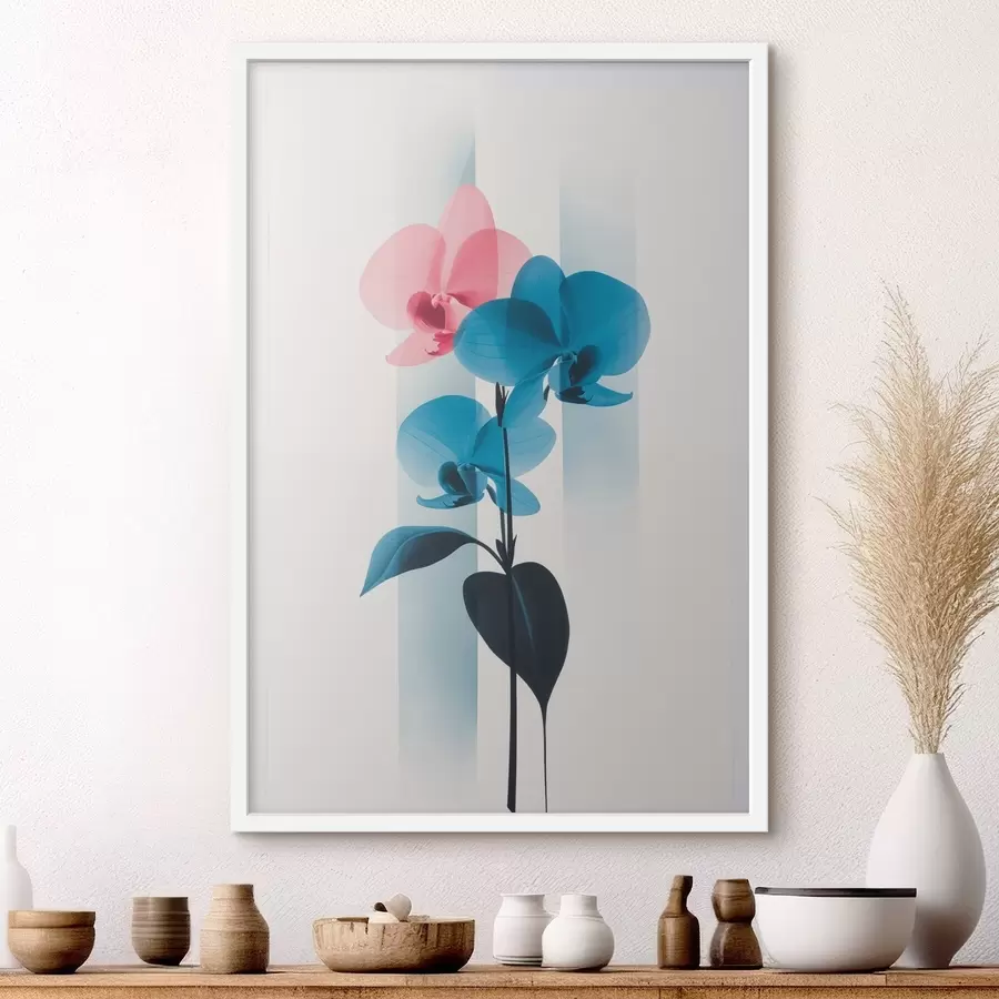 Papier peint Orchidées avec feuilles sur fond blanc rayé verticalement f45925
