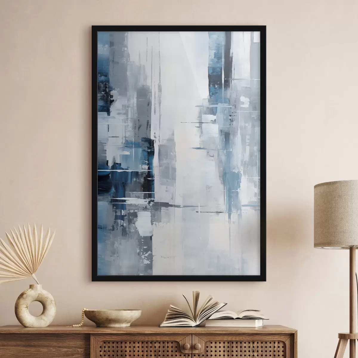Poster Imitation de peinture abstraite avec des couleurs bleues, grises et blanches, des lignes verticales et des formes géométriques f45926