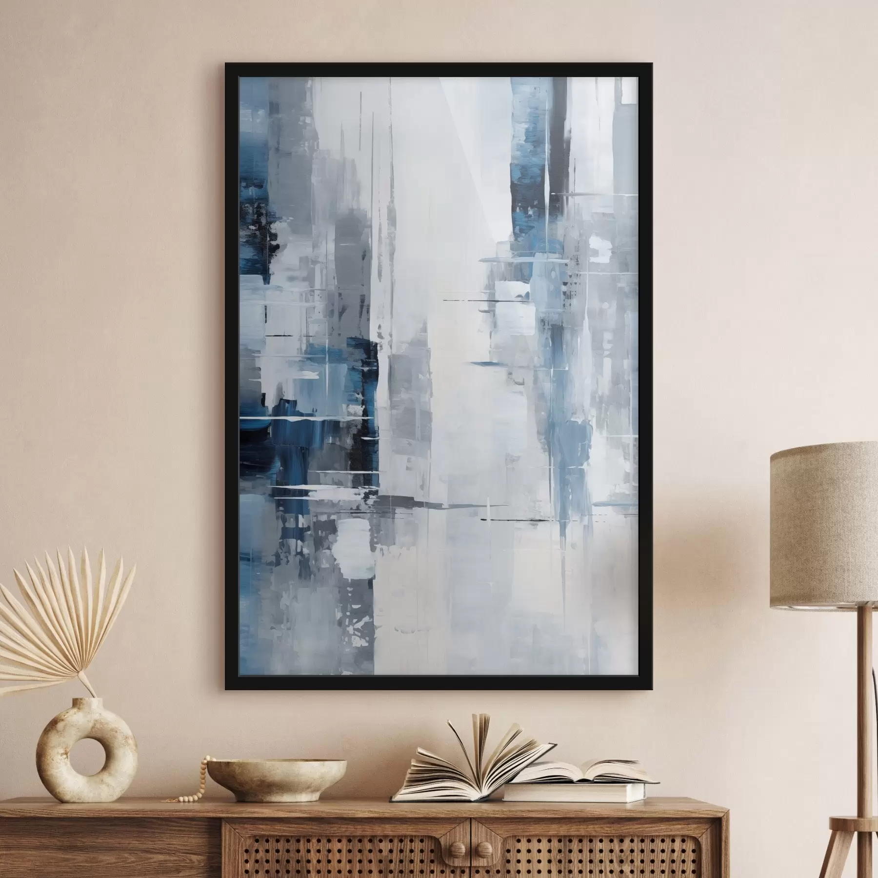 Papier peint Imitation de peinture abstraite avec des couleurs bleues, grises et blanches, des lignes verticales et des formes géométriques f45926